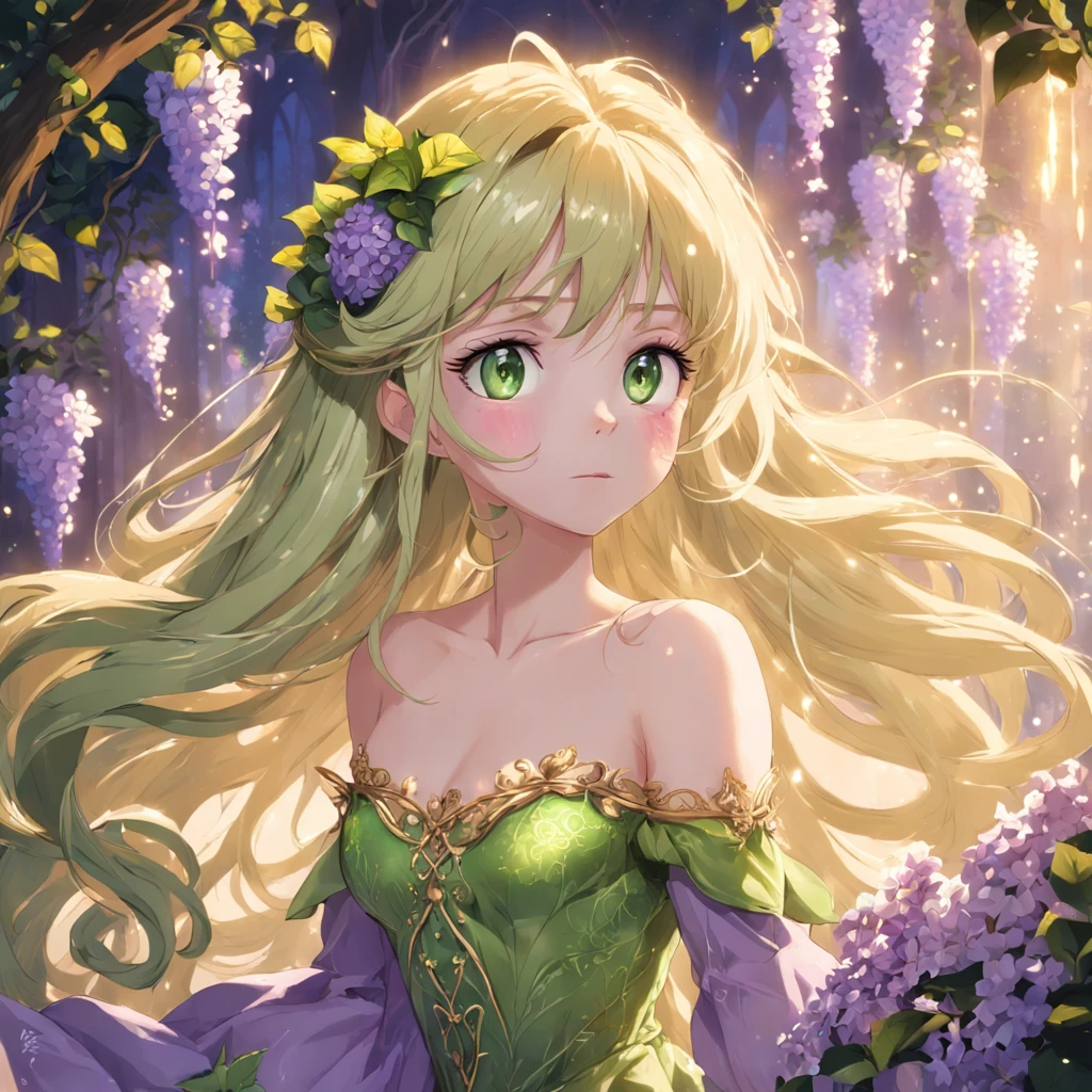 Flower Princess, Rapunzel, Beautiful, Glowing yellow glow, Long blonde hair, Green eyes, Lilac flower dress, Green ivy, Nice young face, Soft white skin, Naked，Love eyes，Enchanting pose，Ternary color, Fantastical, intricately details, Splash screen, Complementary colors, fantasy concept art, 8K resolution