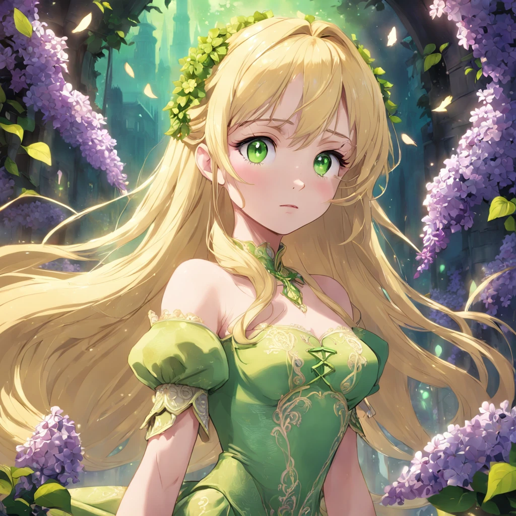 Flower Princess, Rapunzel, Beautiful, Glowing yellow glow, Long blonde hair, Green eyes, Lilac flower dress, Green ivy, Nice young face, Soft white skin, Naked,Love eyes,Enchanting pose,Ternary color, Fantastical, intricately details, Splash screen, Complementary colors, fantasy concept art, 8K resolution