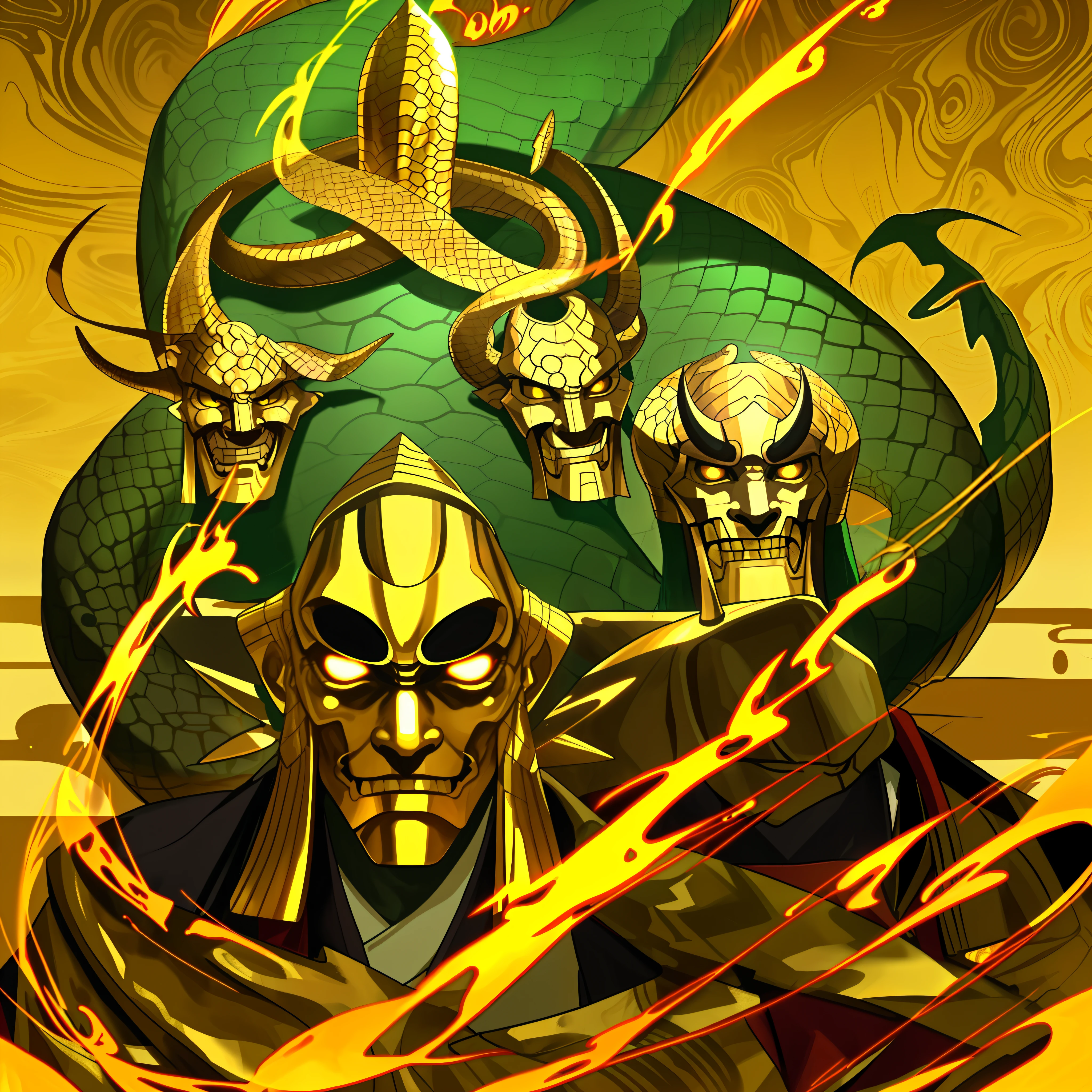 japanese oni,Four dragon horns on the head,gold elements,Pharaonic elements,onimous,Dark green hair,Gold armor,middle aged man,The face becomes the face of a Japanese ghost,Golden Snake,Four golden snakes on his back,4K,A desert,dingdall effect,Poster style