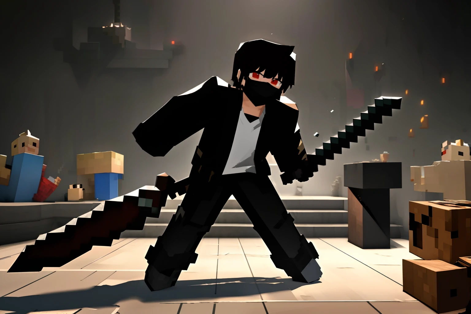 "(((masterpiece)))), best quality, ultra-detailed model, 8k CG unity photo, flawless lighting, quality shadows, a Minecraft boy, pushed back haircut , muscle , wearing a black jacket over a white t-shirt , black ClothMask , red eyes , in the night background , black gloves , black mask in his mouth , BLACK JACKET , over the jacket a WHITE SHIRT , BLACK HAIR , have a wood sword , fighting a zombie