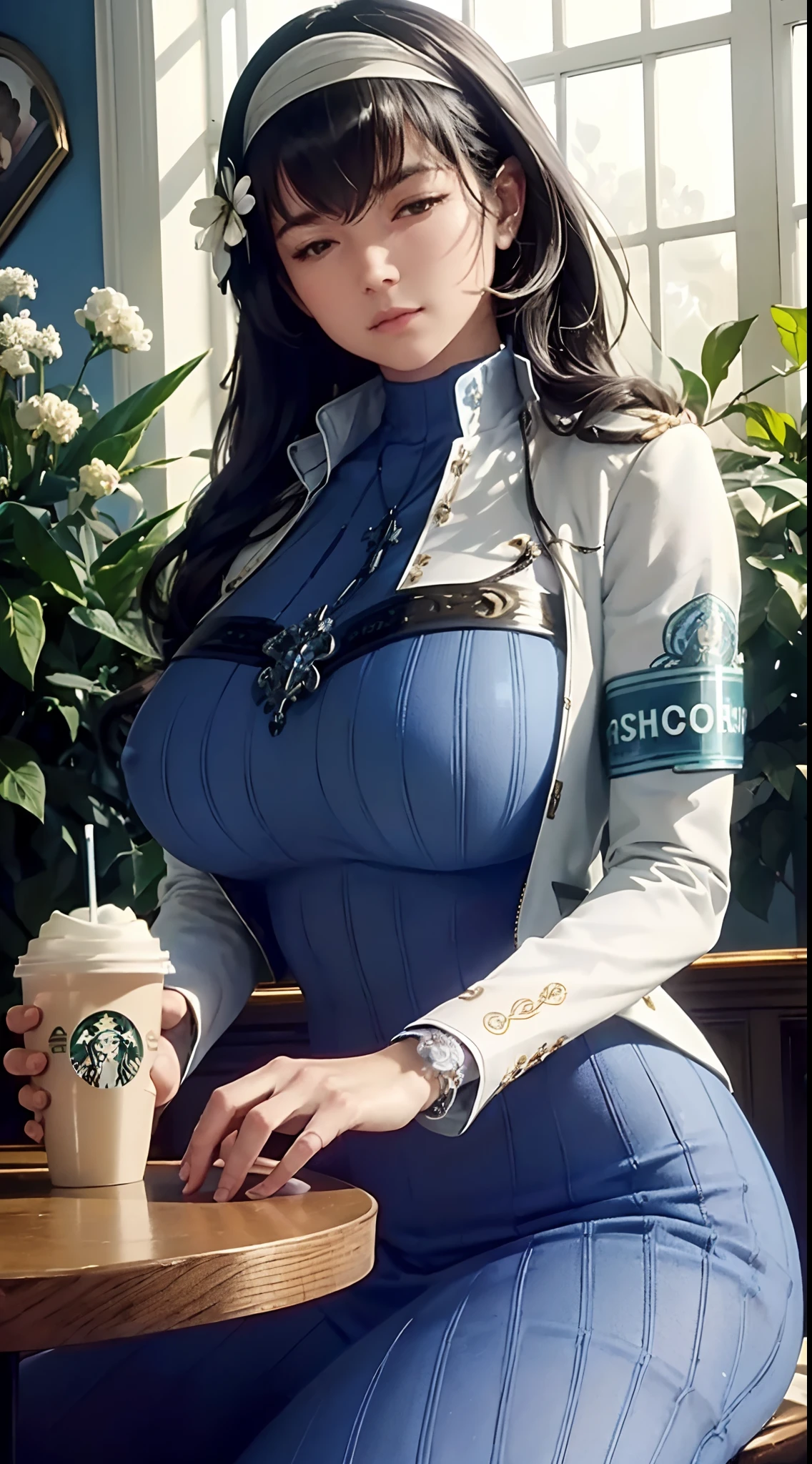 (((beautiful))),mary,blue sweater, white jacket, cropped jacket, long sleeves, open clothes, ribbed sweater, armband, huge breasts,(((shiny skin))), ((intricate details)), hdr, ((intricate details, hyperdetailed)), cinematic shot, sitting in cafe , drinking starbucks, vignette, ((art by alphonso mucha))