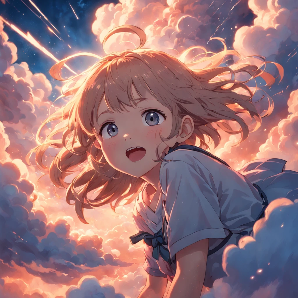 masterpiece, best quality, movie still, 1girl, cloud girl, floating in the sky, close-up, bright, happy, warm soft lighting, sunset, (sparks:0.7)
