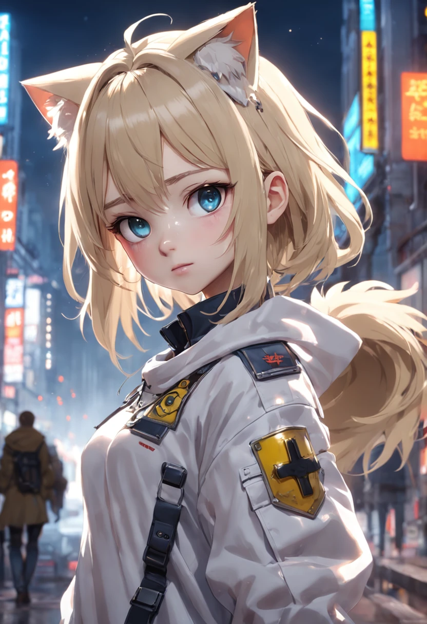 ukrainian girl , Ukrainian anime girl , 。.3D , ukranian ,  The whole body consists of a young girl with messy light blonde hair, eye makeup, 11yo, Cat ears, Soft lighting, Solo, Wearing a shabby, dirty, ragged futuristic military uniform, Cat's paw badge, Pose, Spot color, rendering by octane, Ultra-realistic intricate details, Cinematic, 8K resolution, 70mm, emphasis lighting, Global illumination, Full body portrait, clean detailed faces, complex clothing, Cute face, Flat chest, Slim waist, Slim legs, Small hips