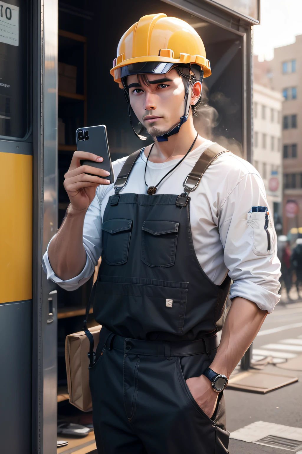 Man holding mobile phone construction site live broadcast
