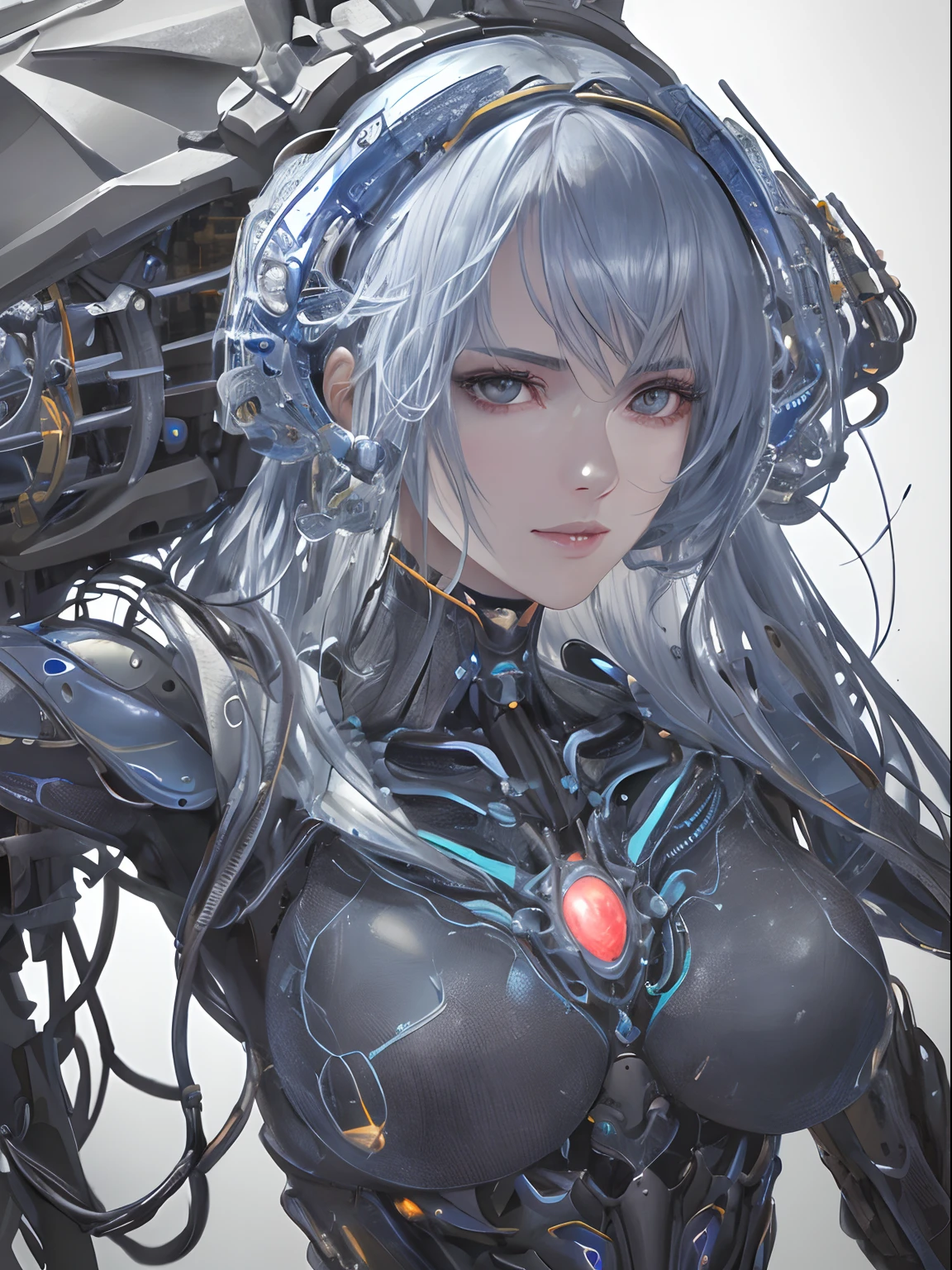 1 Mechanical Girl、((super realistic details))、portlate、globalillumination、Shadow、octan render、8K、ultrasharp、metals、Details of complex ornaments、cold color、Pretty Woman、japanes、A dark-haired、highly intricate detail、Realistic light、CGSoation Trends、radiant eyes、Facing the camera、neon details、Mechanical limbs、blood vessels connected to tubes、Mechanical vertebrae attached to the back、mechanical cervical attaching to neck、sitting on、Wires and cables connecting to the head