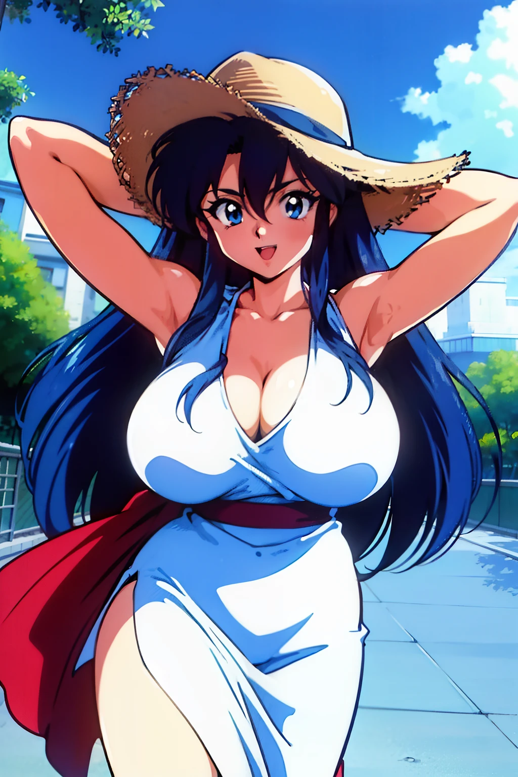 1990s anime style, Cartoon style of the 1990s, In the style of Nobuteru Yuki, Blue hair, Long hair, hair between eyes, a straw fedora hat, Inspired by Shirou Masamune, (curvy), (Huge breasts:1.2), (breast apart:1.3), White Dress, Outdoors, retro anime, sharp, Defined lines, Detailed, makeup, Beautiful face, gorgeous eyes, Smile, Open mouth, arms behind back