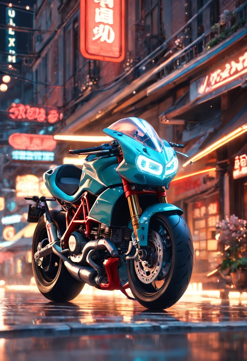 Cafe racer Ducati motorcycle, Neon lights, Pixar render, baroque, opulent, Bokeh in the sun, Intricate details, 8K, Dreamlike, Soft lighting, trending on artstationh, Highly detailed, author:ross tran, Phlegm sputum, phlegm, Artgerm and James Jean, Brian Froud, illusory engine, cinematic smooth