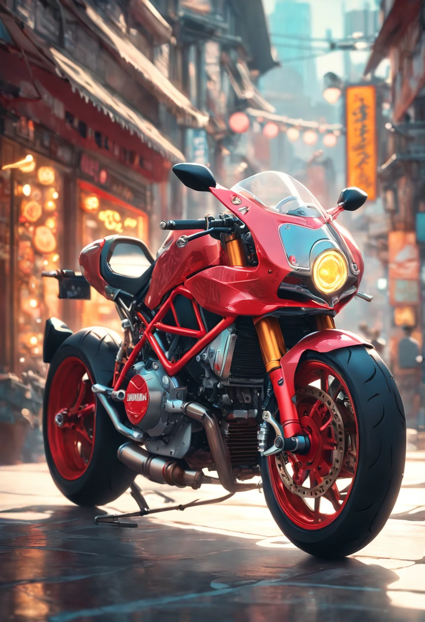 Cafe racer Ducati motorcycle, Neon lights, Pixar render, baroque, opulent, Bokeh in the sun, Intricate details, 8K, Dreamlike, Soft lighting, trending on artstationh, Highly detailed, author：ross tran, Phlegm sputum, phlegm, Artgerm and James Jean, Brian Froud, illusory engine, cinematic smooth