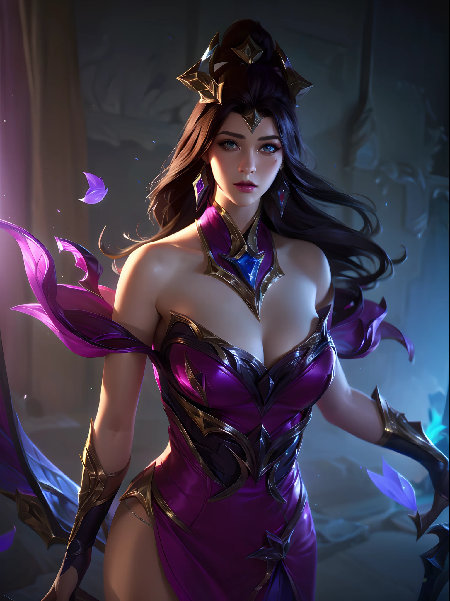 (League of Legends:1.5), 1girll, Long hair, Solo, dress, petals, hair adornments, Pink dress, Brown hair, Bare shoulders, Black hair, Very long hair, light yarn, jewelry, See-through, Bare shoulders
High resolution,An extremely delicate and beautiful,Huge_filesize,(Realistic, photo-realistic:1.57),(8K, RAW photo, Best quality, Masterpiece:1.2),(Ultra-detailed:1.4),detailed beautiful skin,Detailed skin texture,glistning skin,Cinematic lenses,Detailed light,Cinematic lighting,