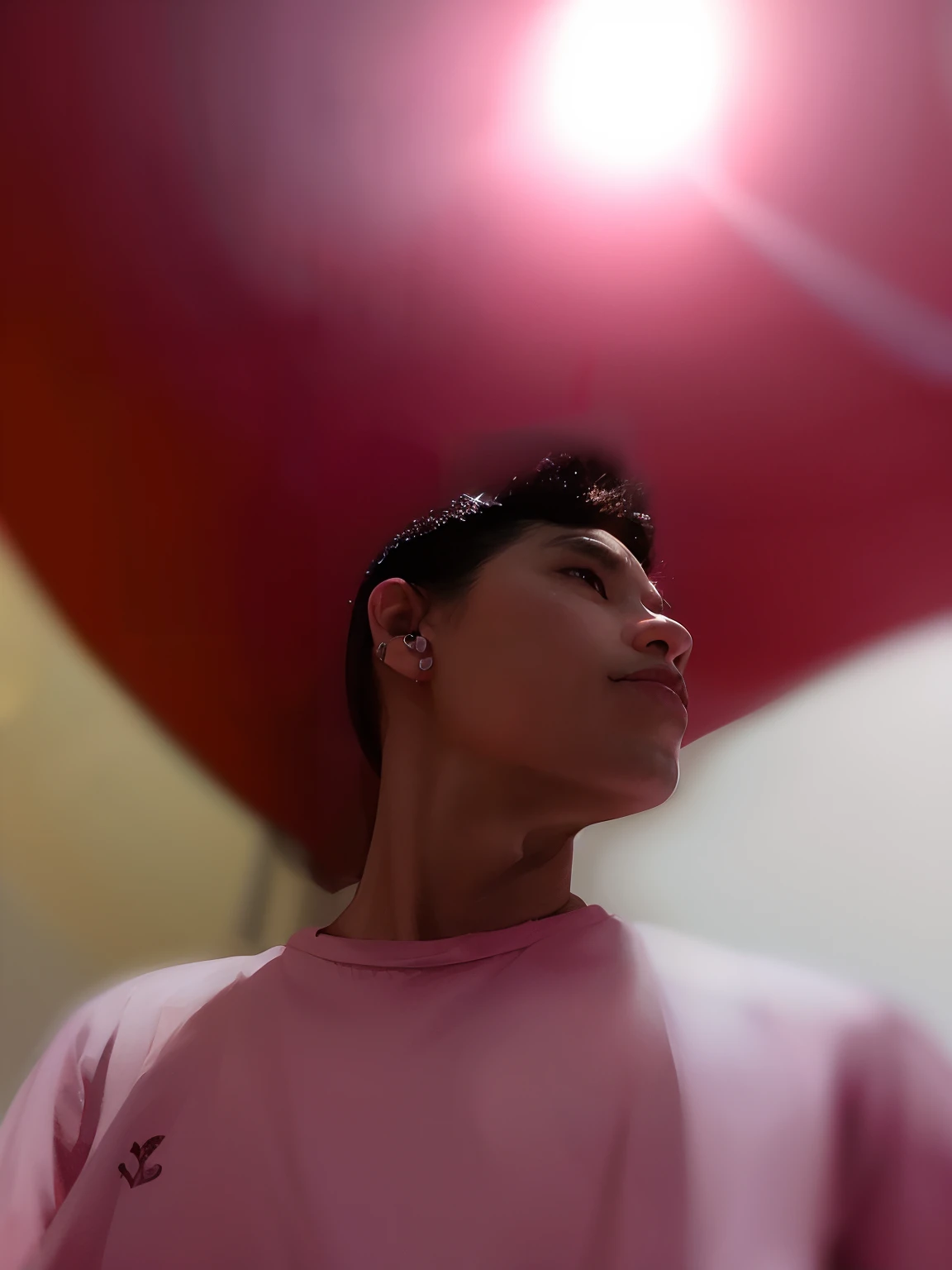 There is a man who is holding a red umbrella in the sky, fotografia de baixa qualidade, dessaturados!!, detailed unblurred face, suave em _ O pano de fundo, imagem frontal, imagem de qualidade muito baixa, foto modo retrato, looking to the side off camera, dessaturados, arte digital, mas foto, feito com photoshop, imagem desfocada, Com filtros do Instagram