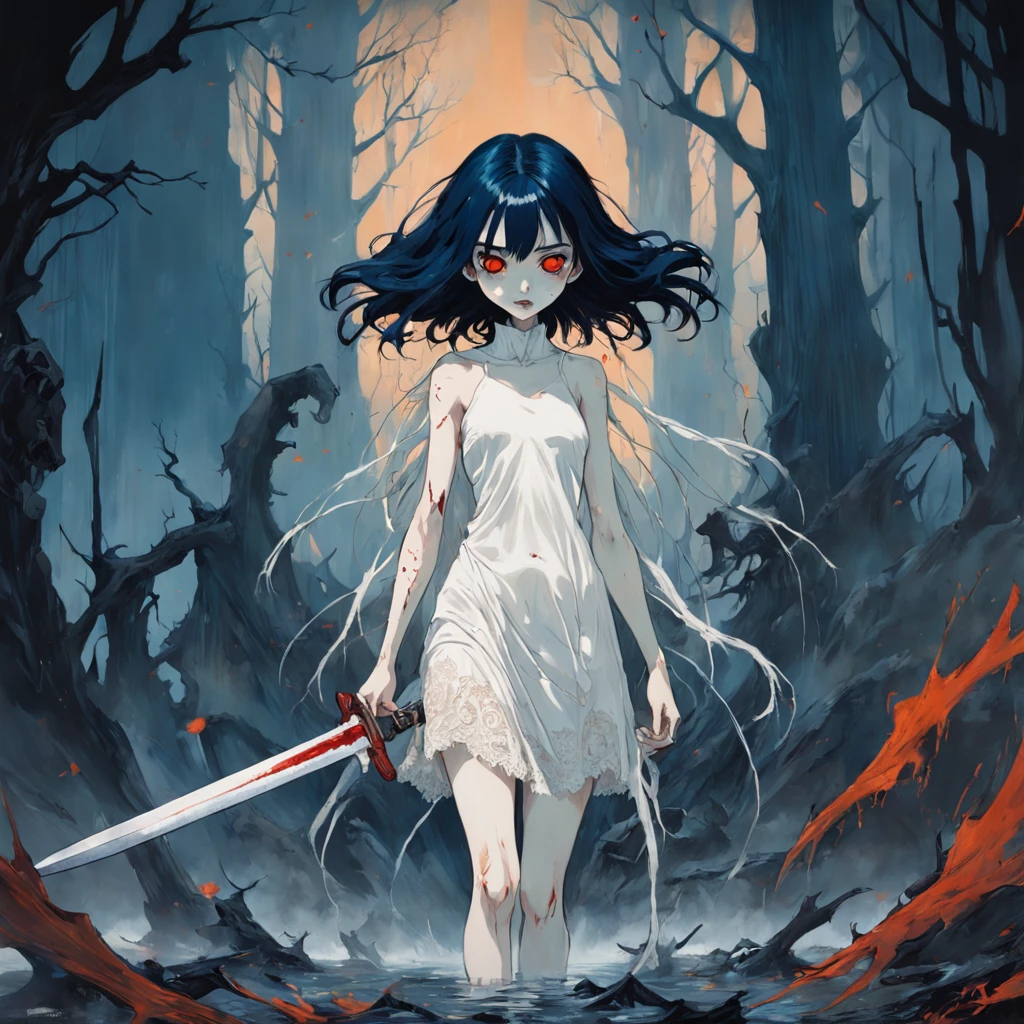 kristen stwart look alike, deep dark blue hair, red eyes, with a sword, anger faze, walking, holding a skull, orange, Doll. white lace dress, In the style of Adrian Ghenie, Esao Andrews, Jenny Saville, Edward Hopper, surrealism, Dark Art par James Jean, Takato Yamamoto, Minimalisme inkpunk. Dans le style Tim Burton. Dans le style Addams Family. Dans le style Corpse Bride.