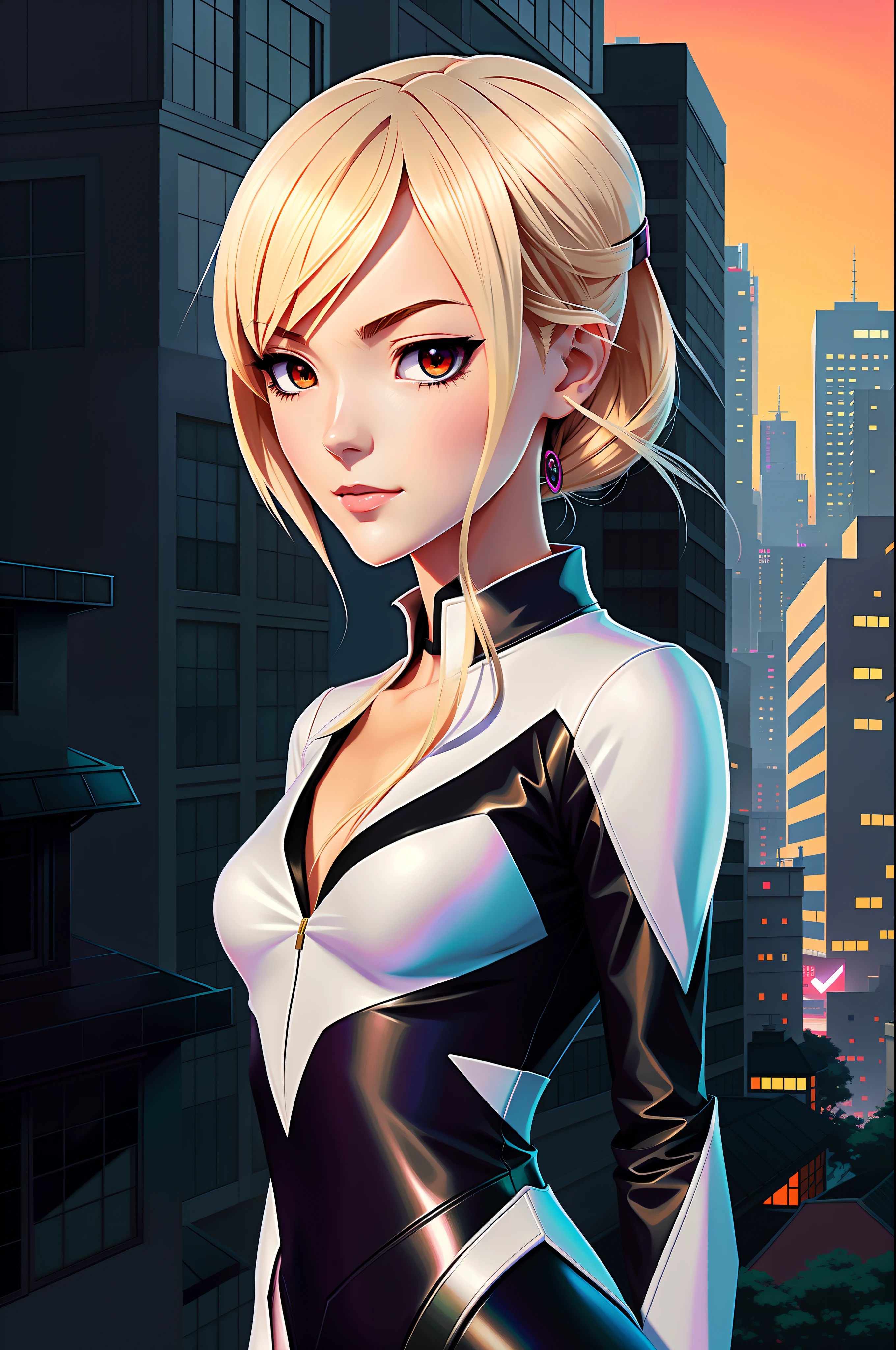 Anime girl in a black and white suit standing in a city, Gwen Stacy, aranha gwen, aranha - gwen, Gwen-aranha, fanart requintada altamente detalhada, Artgerm e Ilya Kuvshinov, arte de anime digital detalhada, Ilya Kuvshinov e Artgerm, Estilo Ilya Kuvshinov, arte digital estilo anime