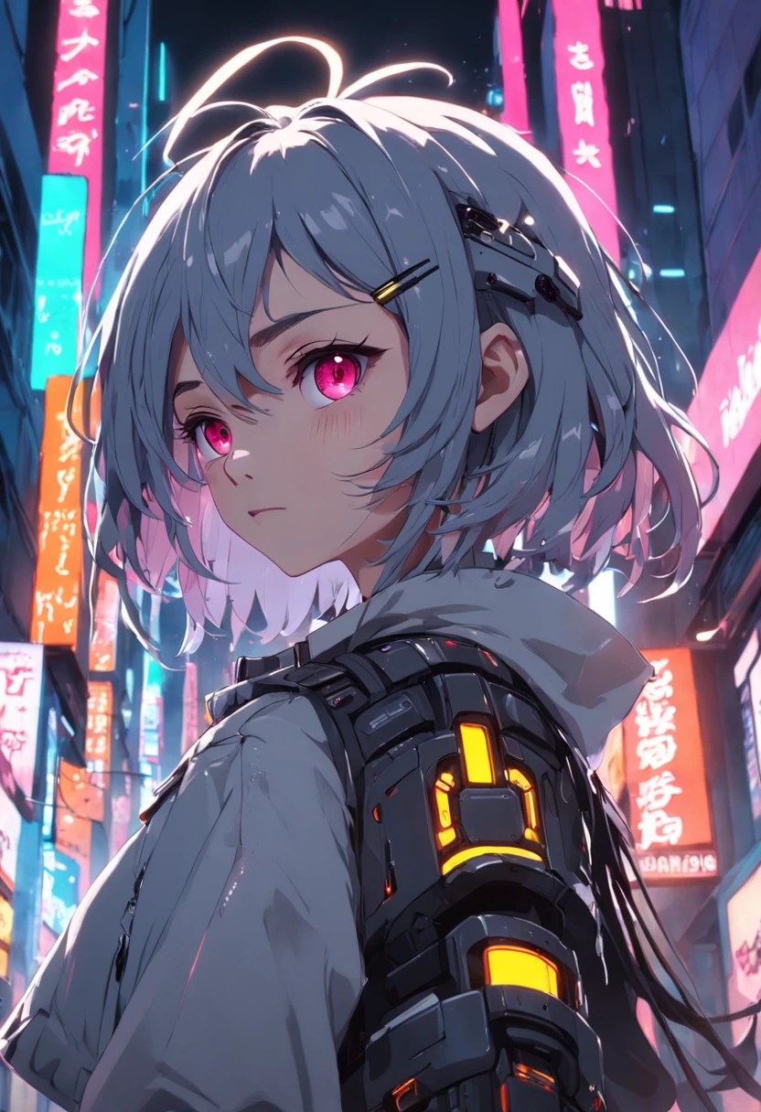 garota cyberpunk adolescente, aproximadamente com de idade. Ela deve ter longos cabelos brancos com mechas roxas. Their eyes are robotic and emit a red glow. She is in a futuristic urban environment, neon-lit