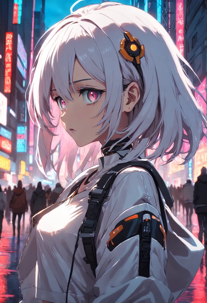 garota cyberpunk adolescente, aproximadamente com 17 anos de idade. Ela deve ter longos cabelos brancos com mechas roxas. Their eyes are robotic and emit a red glow. She is in a futuristic urban environment, neon-lit