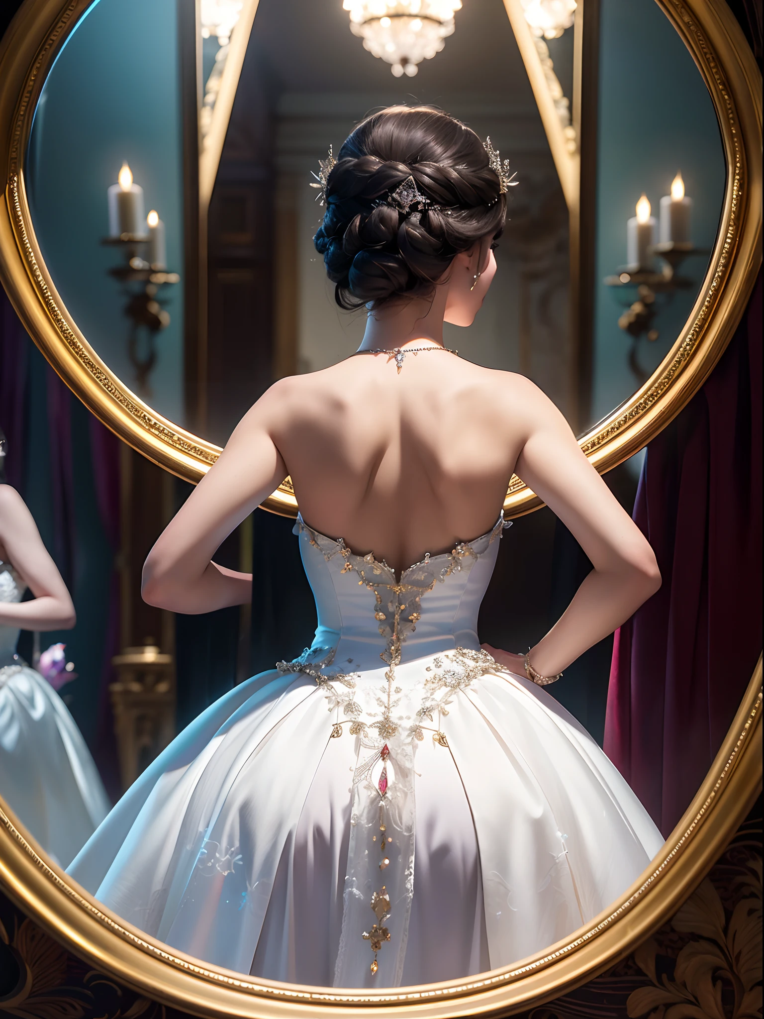 (masterpiece), (best quality), (ultra-detailed), Ultra detailed masterpiece best quality, sensual, (Fairy Tales) of the Brothers Grimm, queen ,Snow White's evil stepmother 50 yo looking into magical mirror , highly detailed, dystropic atmosphere, hyper realistic, from behind