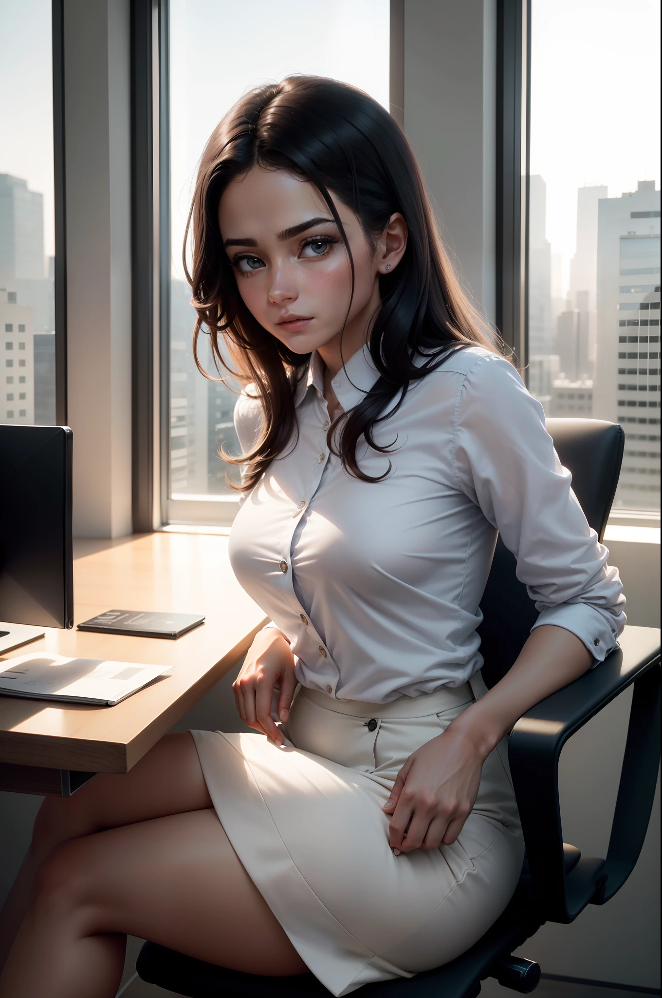 (best quality,4k,8k,highres,masterpiece:1.2),ultra-detailed,realistic:1.37,portrait,computer,earning money,working from home,sitting at desk,professional,serious, open shirt, cum all over her face,  expression,concentrated,focused,keyboard,mouse,desktop computer,multiple monitors,multi-tasking,productive,financial success,wealthy,successful,online business,laptop,coding,typing,optimization,analytics,data analysis,computer programming,programming languages,algorithm,innovation,tech industry,modern technology,progress,efficiency,workspace,organized,neat,clean,half dressed, slutty attire, showing pussy, brightly lit room,office environment,vivid colors,comfortable chair,ergonomic setup,work-life balance,achievement,fulfillment