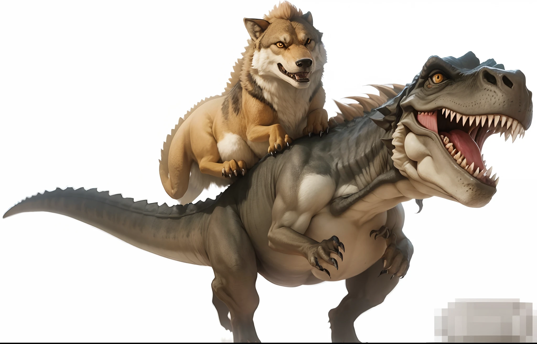 A dinosaur is afraid of a wolf on its back