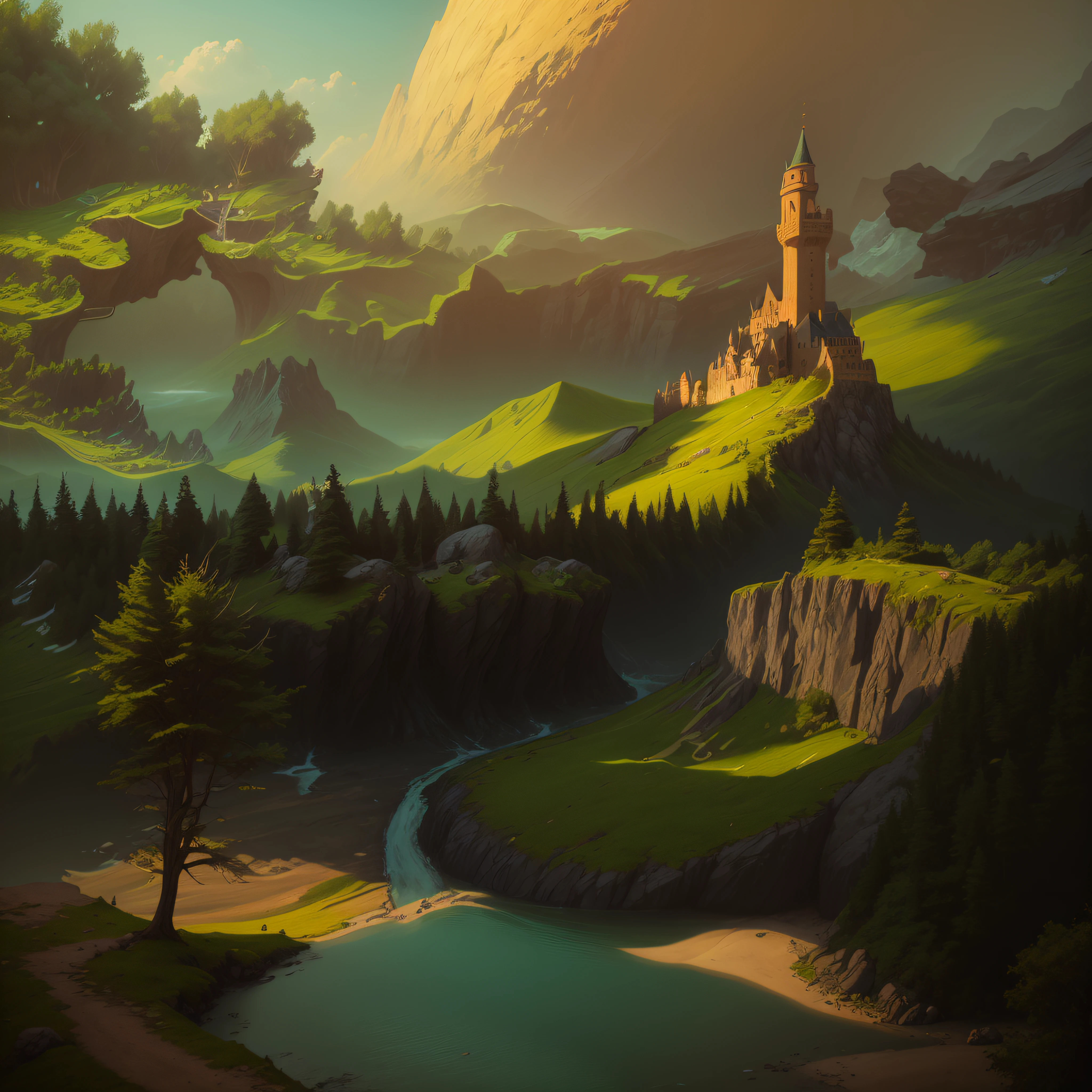 There is a dirt road going up a hill with a castle on top, inspirado em Raphael Lacoste, Stefan Koidl inspirado, illustration matte painting, Directed by: Johannes Voss, Silvain Sarrailh, Directed by: Raphael Lacoste, Martin Raphael Lacoste, pintura fosca de alta qualidade, pintura fosca plana, Pintura fosca renderizada em 3D, inspirado em Andreas Rocha