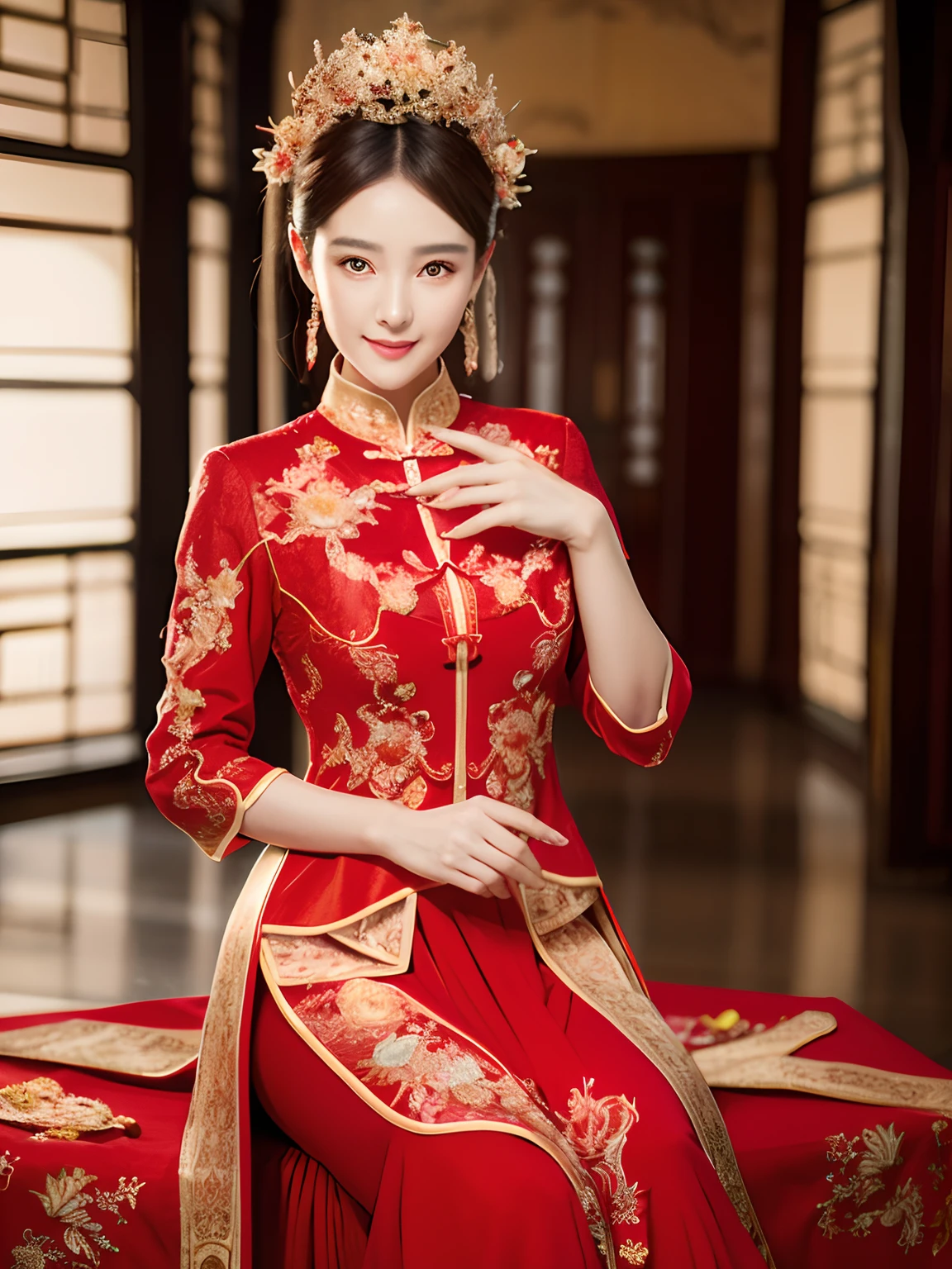 Realistic 8K，Best quality at best，delicate patterns，intricately details，A woman in a red and gold dress，Sit right in the center，Bring your hands together in front of you，perfect hand，Perfect Finger，cosmetics，Blushlush，is shy， Phoenix crown，farsightedness，Chinese Ancient Architecture