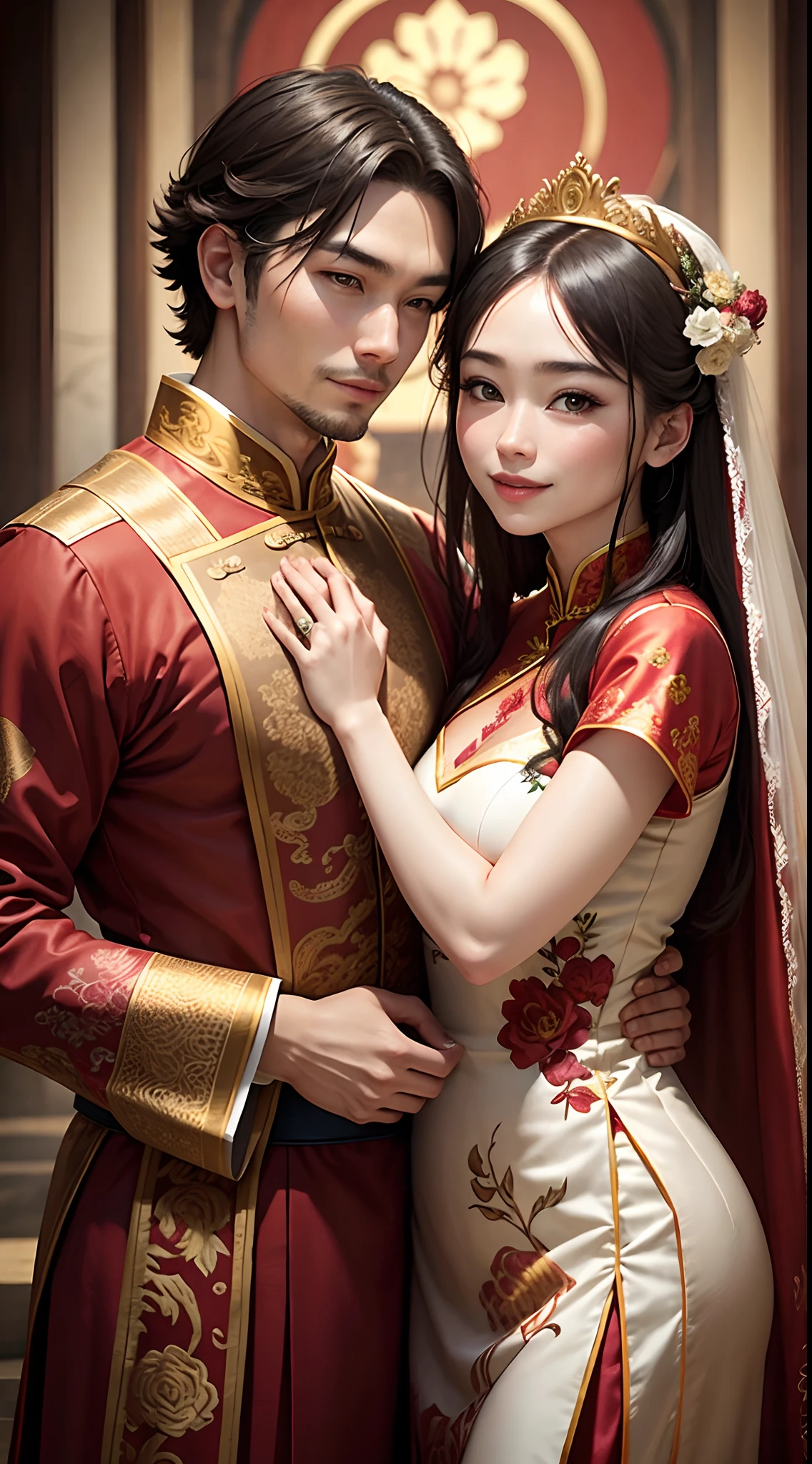 (wide wide shot),(Best quality: 1.1), (Realistic: 1.1), (Wedding: 1.1), (highly details: 1.1), (Two people get married),(A woman wearing a red and gold cheongsam and a golden crown), ( A man wearing ancient Chinese Han clothes), (Look at each other with a smile),In the garden