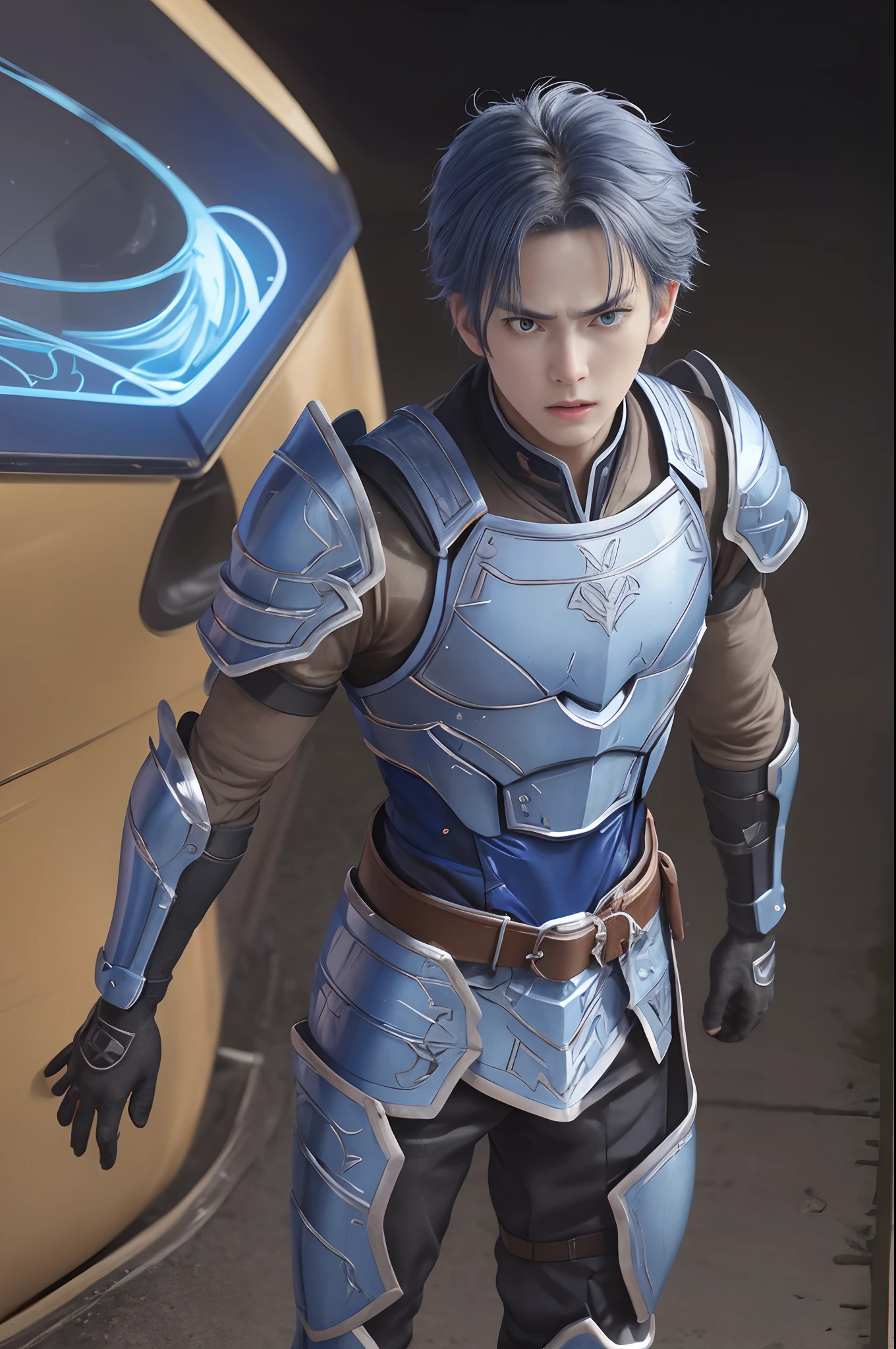 （1 Adult male），A high resolution， Sharp focus， Pixiv masterpiece， （（Complicated details））， highly  detailed， natsuki_subaru， 1 man， The expression is serious，full bodyesbian， blue colored eyes（eyes glowing）， blue short hair，Blue armor，Wear arm guards，Wear a belt，perspire，look from down