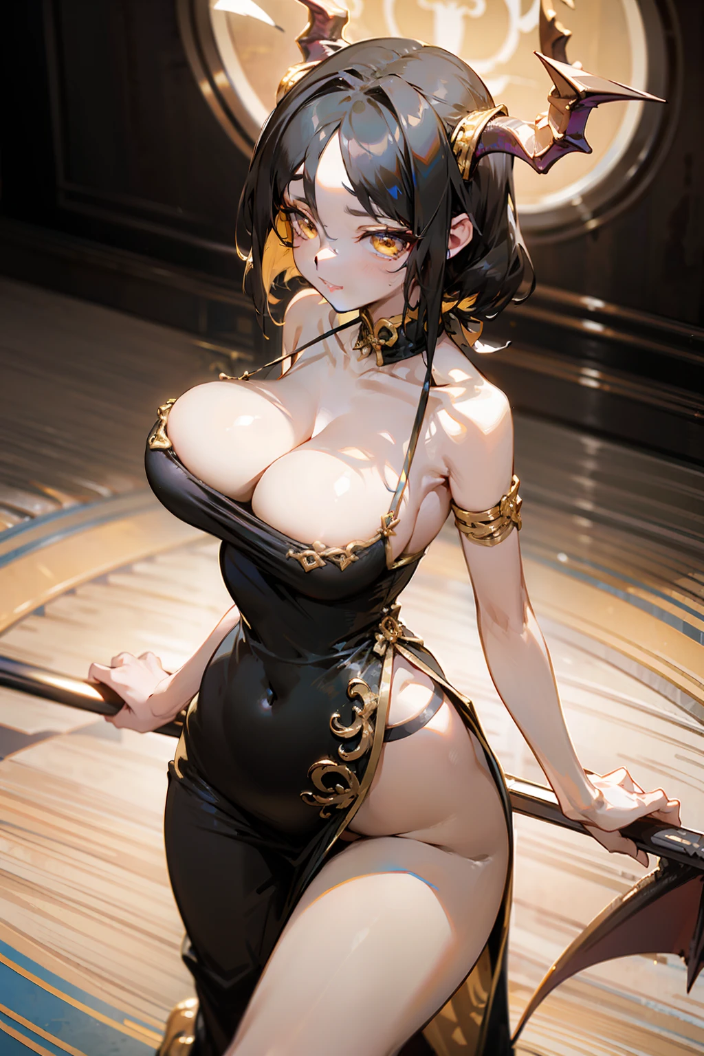 ccurateblack hair、There are black dragon horns on the head、gold eyes、Proud big breasts and figure、Gorgeous black long dress