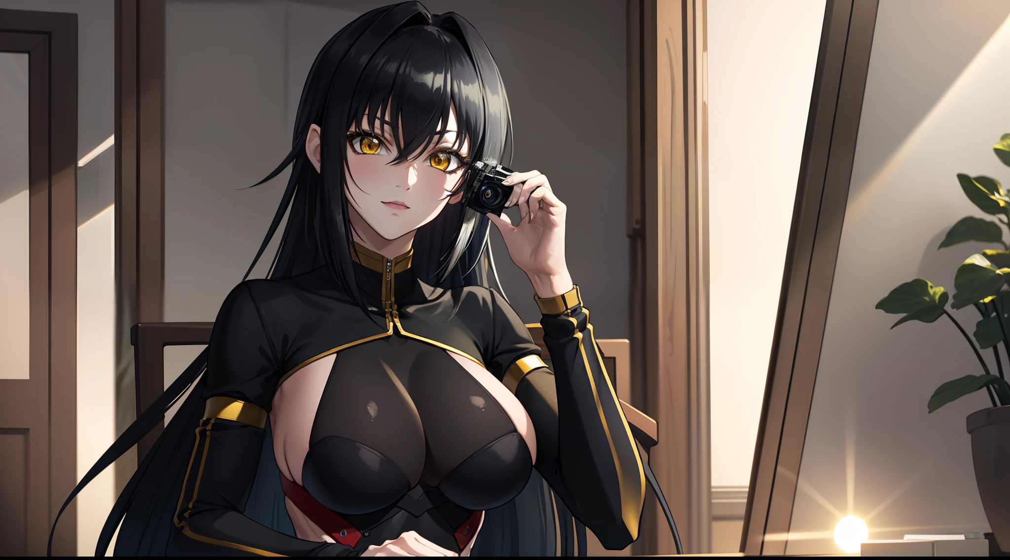 professional artwork, Intricate Details, field of view, sharp focus, detailed painting, photorealistic lighting, trending on pixiv,(masterpiece:1.0),(best_quality:1.0), ultra high res, ultra-detailed, photography, 8K, HDR, highres, absurdres:1.2, Kodak portra 400, film grain, sharp focus, bokeh:1.2, lens flare, (vibrant_color:1.2), (((indoors, dark night district))), Annerose, 1girl, female mature, ((long hair, only black hair:1.4)), (yellow eyes), large breasts, ((bodysuit, fully dressed)), soft skin, hair intakes, (solo:1.4), (upper body, half body shot), confident, energetic