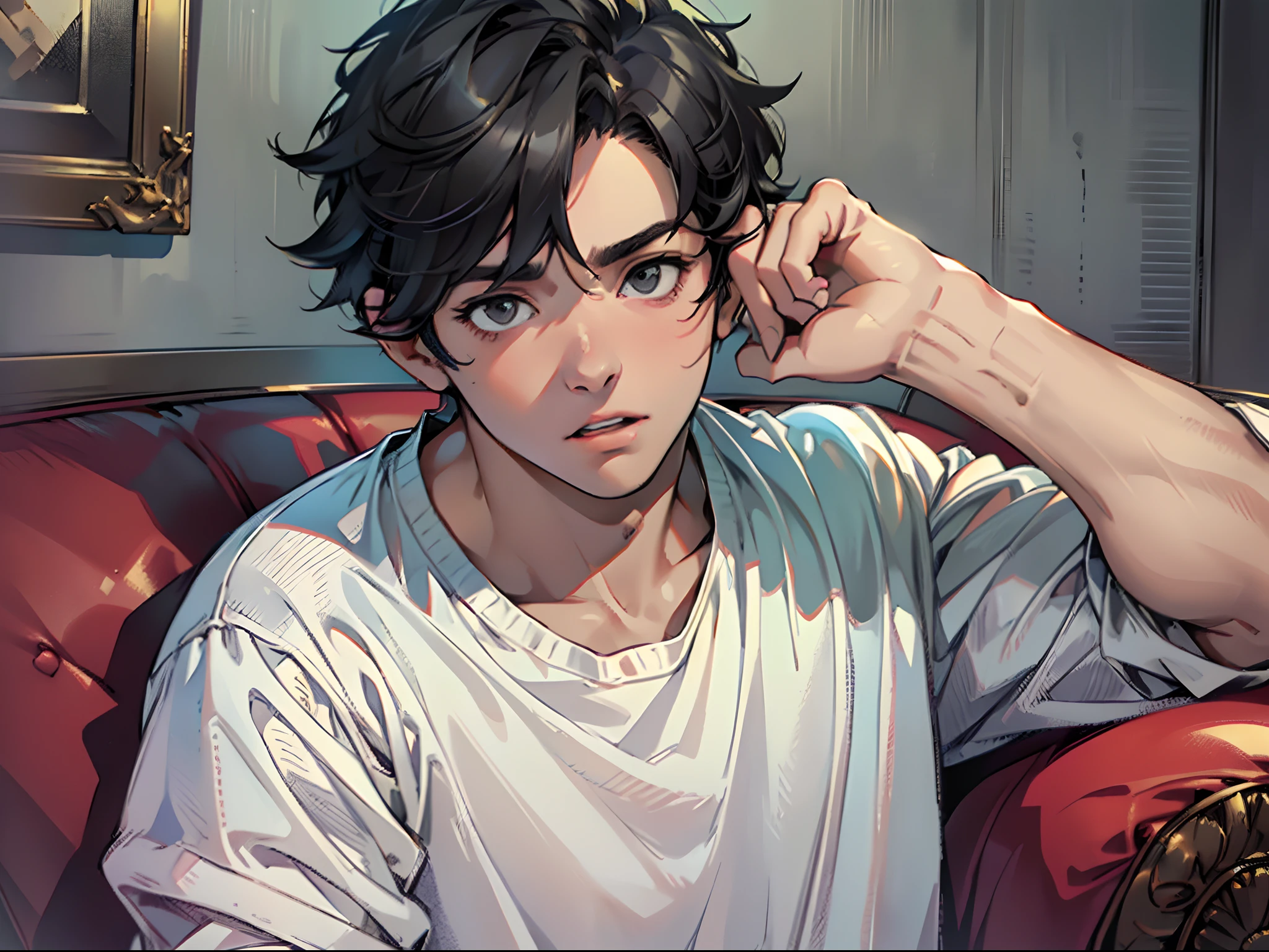 (A boy sitting on a sofa in a white shirt and short black hair looking at the camera: 1.5) (holding a mobile phone: 1.9) (18-year-old boy, single: 1.9) (very surprised expression on his face: 1.7) (opening his mouth to speak: 1.8) (masterpiece, masterpiece: 1.5)