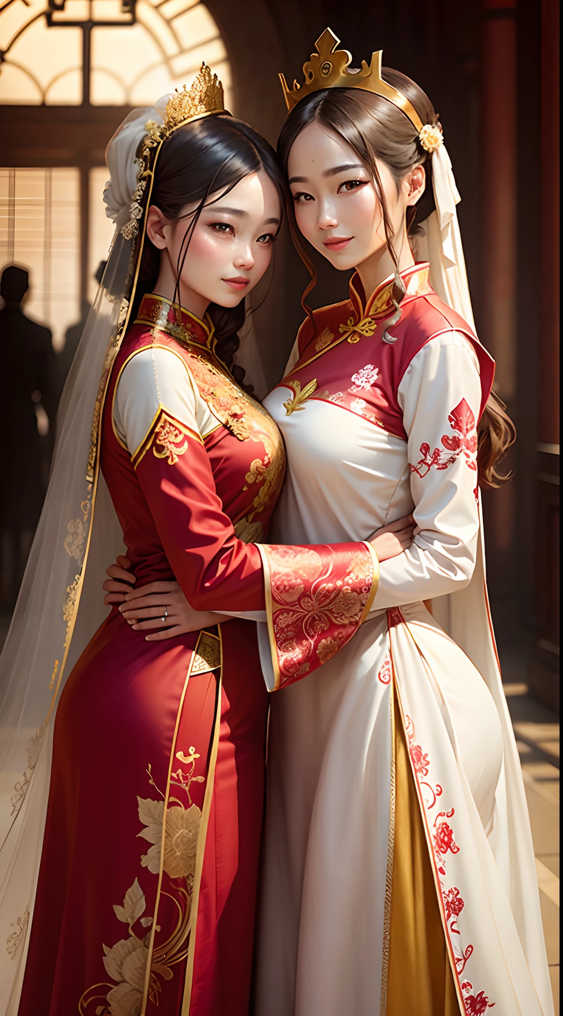 1 beautiful girl in the traditional red ao dai of the Vietnamese people, black hair, long hair, beautiful pink face, brown eyes, thin and curved eyebrows, eyelashes curled and decorated with fine and detailed makeup, Wearing a traditional Vietnamese conical hat on the head, a red high-necked ao dai, with patterns on the shirt, Small shoulders, slender arms, big and round breasts, slim waist, The butt is moderately large, wearing a pair of shiny silk red long pants, the girl's body is slim and regular, Red and beautiful lips, charming smile, Looking directly at the audience watching, Hand holding fresh lotus flowers, The most realistic picture, 8k quality, super sharp, highest quality picture, best photo, girl portrait,
