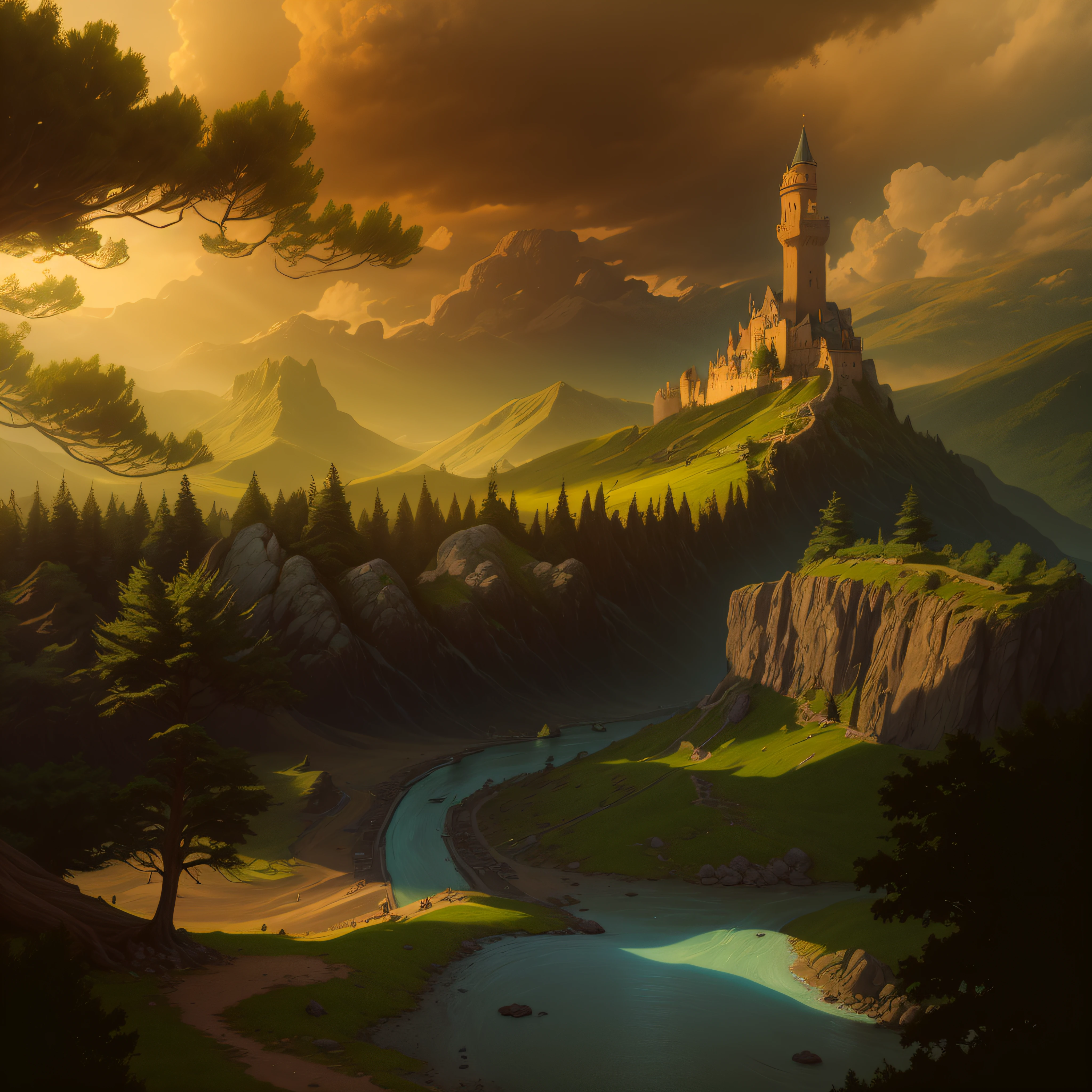 There is a dirt road going up a hill with a castle on top, inspirado em Raphael Lacoste, Stefan Koidl inspirado, illustration matte painting, Directed by: Johannes Voss, Silvain Sarrailh, Directed by: Raphael Lacoste, Martin Raphael Lacoste, pintura fosca de alta qualidade, pintura fosca plana, Pintura fosca renderizada em 3D, inspirado em Andreas Rocha