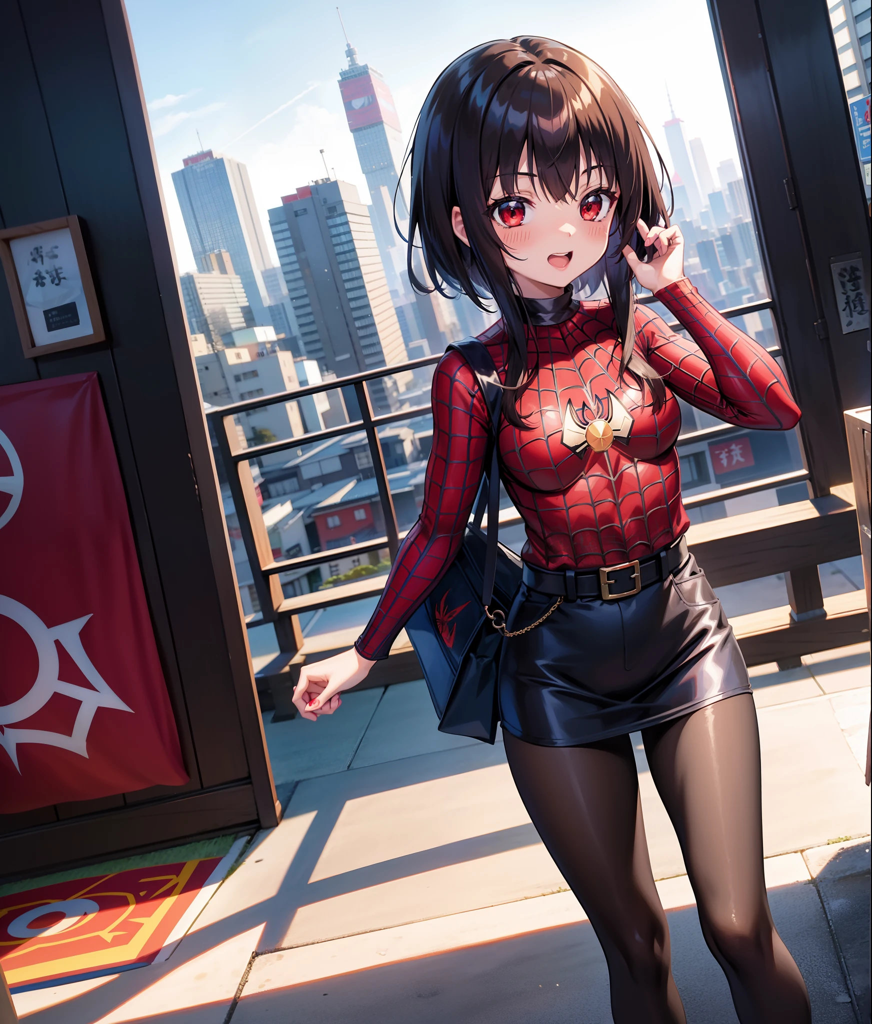 Spiderman, melhor qualidade, fundo detalhado, anime, 1girl, jovem, mulher, Megumin, seios medios, konosuba, Tokyo, japan, cidade, cabelo castanho, cabelo curto, red eyes, uniforme do homem aranha, puro