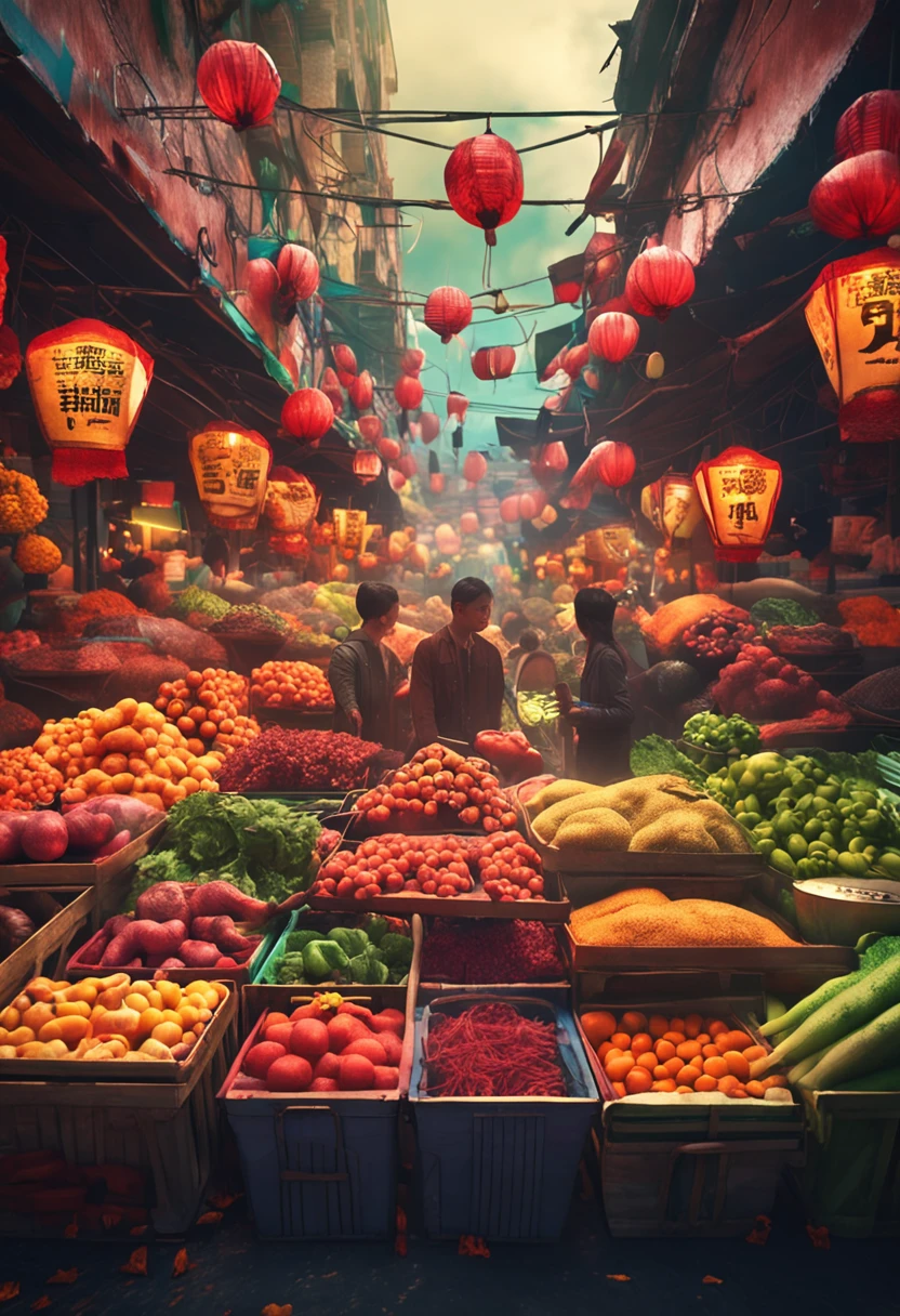 Main title："Hands-on" at the wet market，We are all winners
subheading：Adding "code" to life，Bargaining is fireworks
Market，a sea of people，Vegetables and fruits，high detal，4k，Cinematic light effects