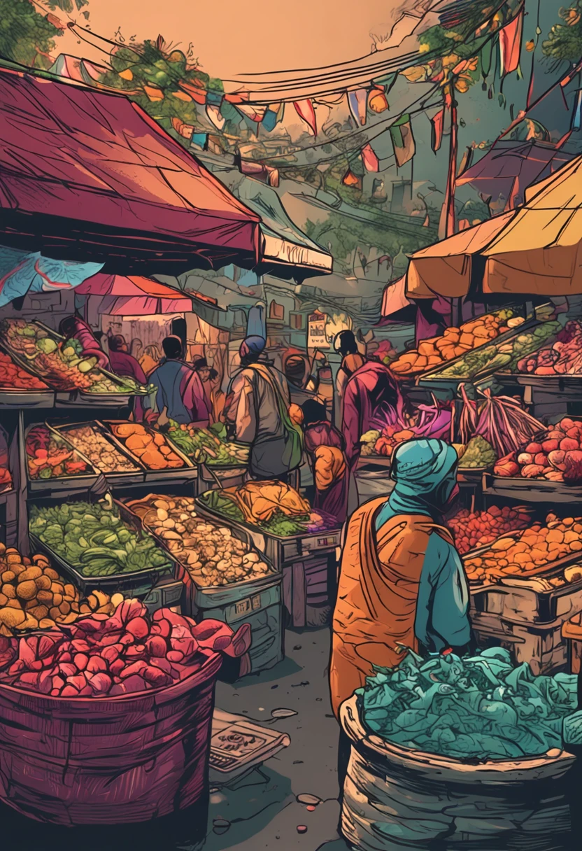 Main title:"Hands-on" at the wet market,We are all winners
subheading:Adding "code" to life,Bargaining is fireworks
Market,a sea of people,Vegetables and fruits,high detal,4k,Cinematic light effects