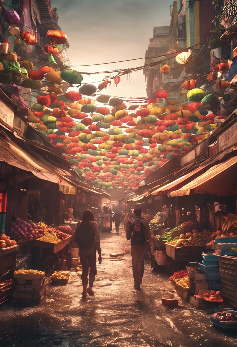 Main title："Hands-on" at the wet market，We are all winners
subheading：Adding "code" to life，Bargaining is fireworks
Market，a sea of people，Vegetables and fruits，high detal，4k，Cinematic light effects