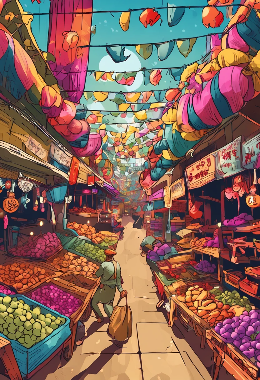 Main title："Hands-on" at the wet market，We are all winners
subheading：Adding "code" to life，Bargaining is fireworks
Market，a sea of people，Vegetables and fruits，high detal，4k，Cinematic light effects