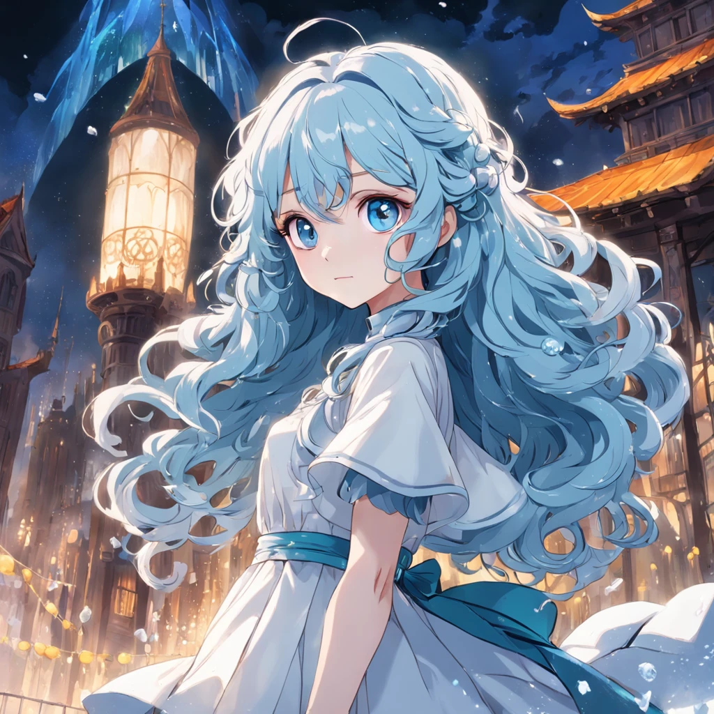 Long blue slightly curly hair,White dress,Big glass-colored eyes,There is a large patch of four-leaf clover around it,There is an ice castle in the back