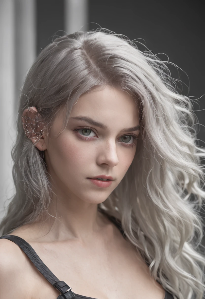 garota cyberpunk adolescente, aproximadamente com 17 anos de idade. Ela deve ter longos cabelos brancos com mechas roxas. Their eyes are robotic and emit a red glow. She is in a futuristic urban environment, neon-lit
