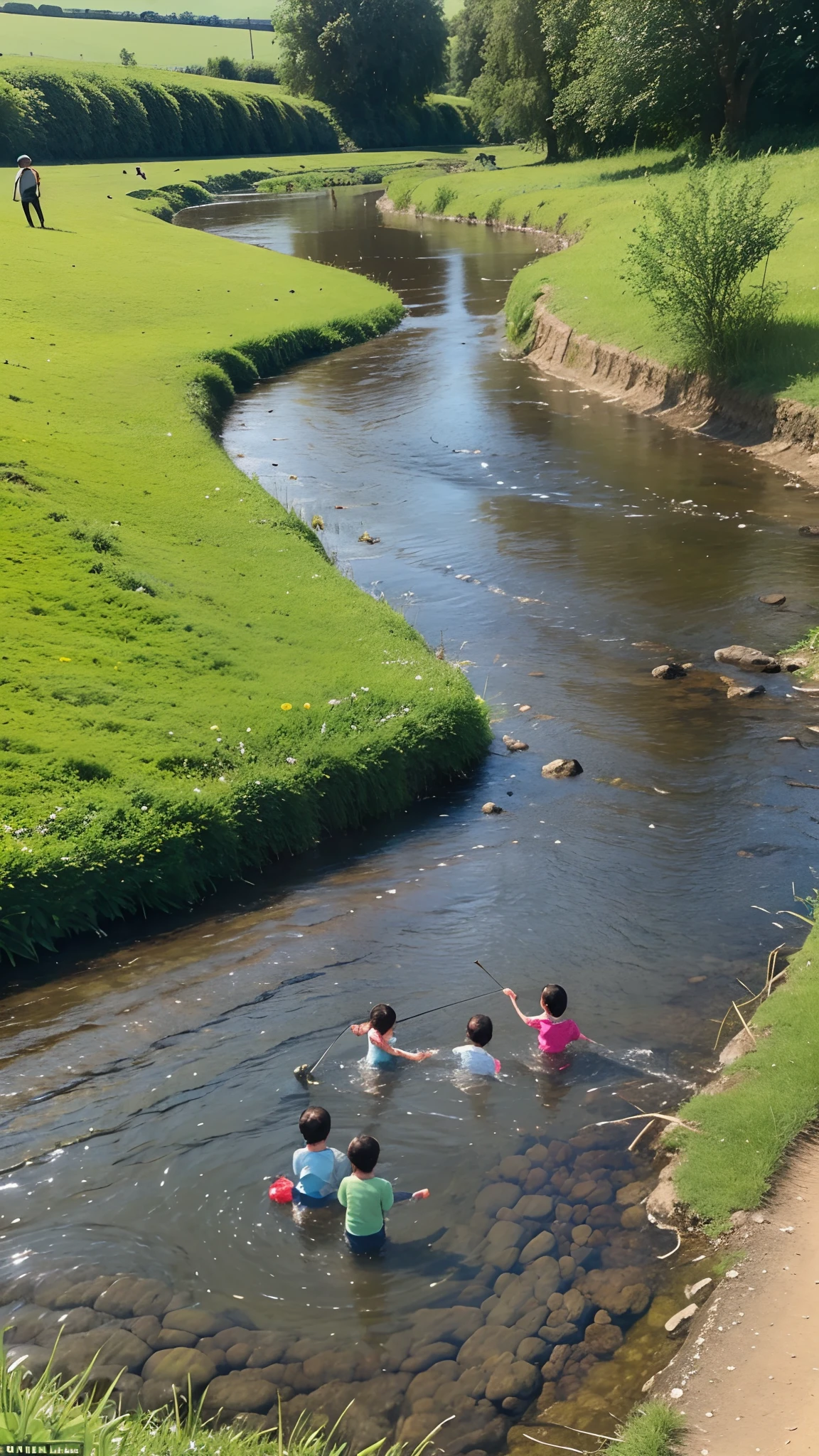 Raises a girl by catching water in the river