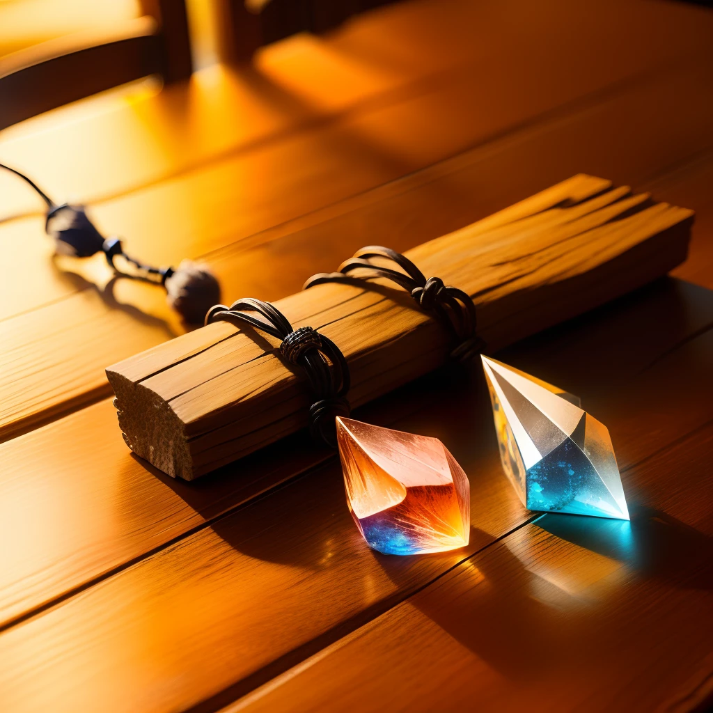 A string of crystal bracelets on a wooden table