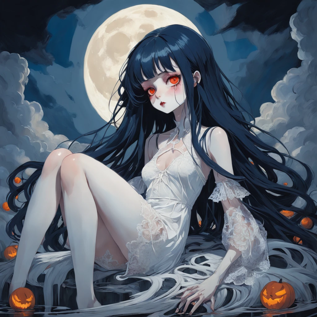 kristen stwart look alike, deep dark blue hair, long hair, red eyes, sitting on the moon, orange, Doll. white lace dress, In the style of Adrian Ghenie, Esao Andrews, Jenny Saville, Edward Hopper, surrealism, Dark Art par James Jean, Takato Yamamoto, Minimalisme inkpunk. Dans le style Tim Burton. Dans le style Addams Family. Dans le style Corpse Bride.
