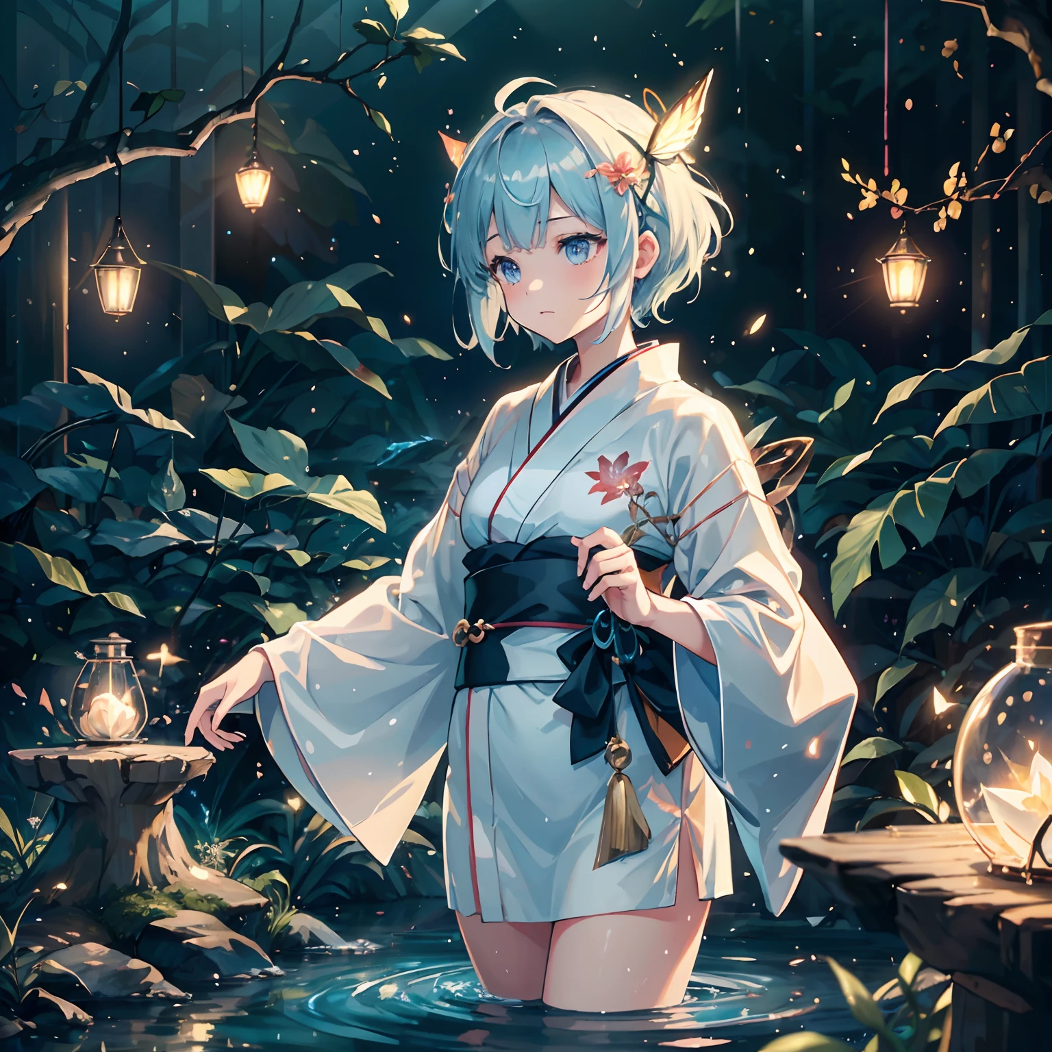 masterpiece、best qualtiy、Stunning reflections、Best reflection ever。 (Highly detailed CG Unity 8K wallpapers)、(top-quality)、(The best illustrations)、(Best Shadows)、Forest theme with natural elements。nighttime scene、Tall trees々、Old buildings in Japan、Quiet creek、Small glowing mushrooms surrounded by delicate leaves and branches、Fireflies and glowing particle effect、(1人の女性、20yr old、Adults、Wearing a white kimono、blue hairs、short-hair)、(Natural elements)、(Jungle theme)、(fronds)、(Twigs)、(fireflys)、butterflys、(Delicate)fronds)、(Glow)、(Particle effect)。 、Isometric 3D、Octane Rendering、lay tracing、ultra-detailliert