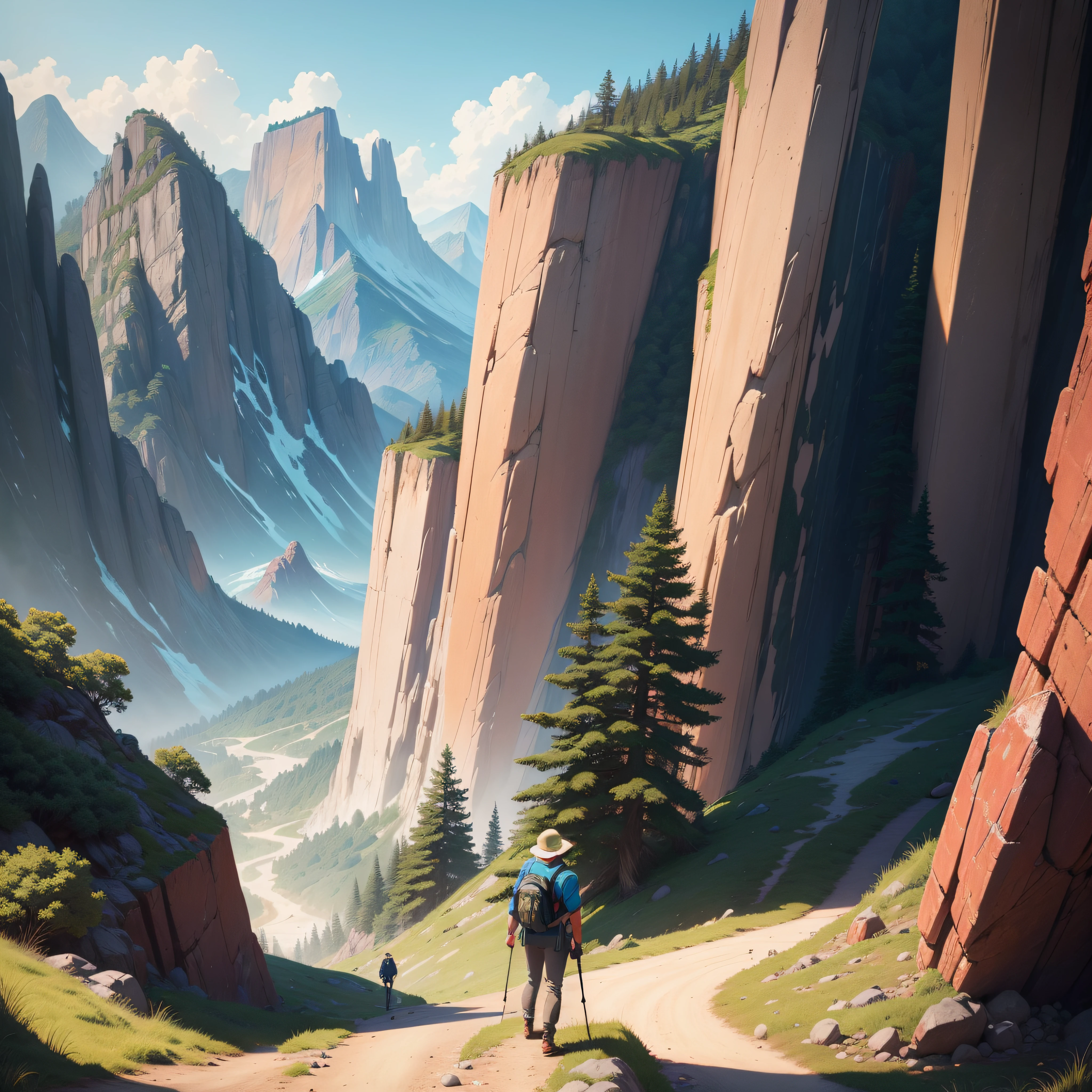 Realistic, Real life, Beautiful hiking trail with Greg Rutkowski in the background, in style of laurie greasley, by Ghibli Studio, Akira Toriyama, James Gilead, Genshin Impact, trending pixiv fanbox, acrylic palette knife, 4K, (Vibrant colors), (Highly saturated), devinert, trending on artstationh