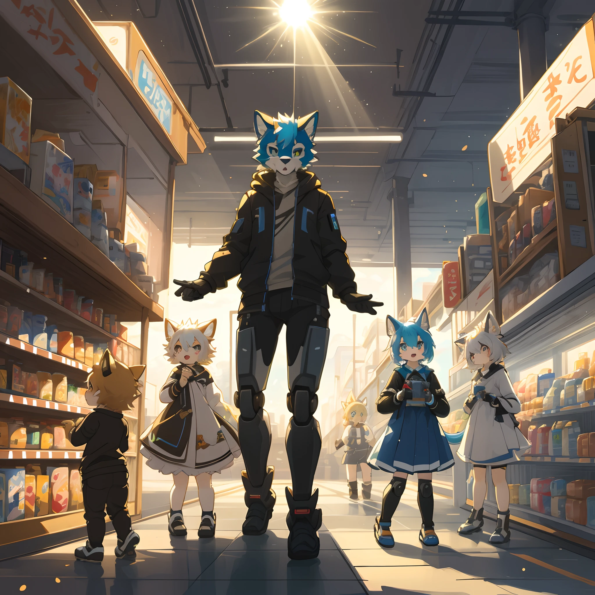 top quality, best quality, High-quality illustrations, masterpiece, super high resolution, detailed background, convenience store((love romance movie of humanoid robot and human child)), 6+boys, 6+girls, absurdres(highly detailed beautiful face and eyes)perfect anatomy, expression, caustics, light rays, dynamic lighting, light particles, lens flare, cinematic shadow(kemono, furry anthro)assorted poses, dynamic angle,