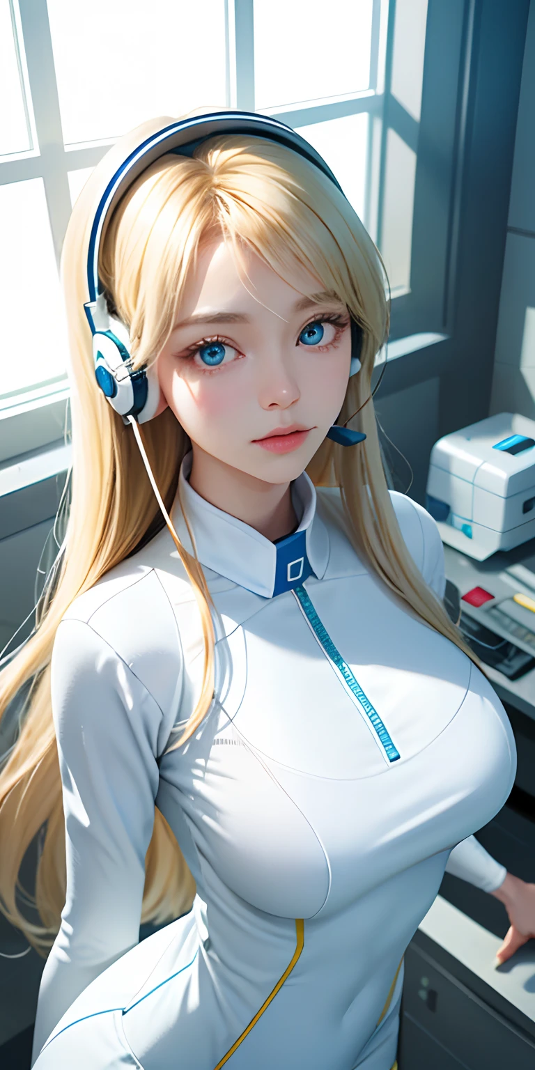 (Overhead view),dynamic ungle,ultra-detailliert, illustratio, a closeup, straight-on, 1girl in,
 ((Souryu Ayanamirei、Interface headset、White bodysuit:1.4、a blond))、Her eyes shone like dreamy stars(radiant eyes:1.233)、(beautifully detailed eyes:1.1)、(deadpan、a closed mouth)、(is standing)、
(Mechanic's room with tools and spaceship window in white spaceship)、
(natta:1.2)、dream-like、[[Delicate fingers and hands:0.55]::0.85]、(detail finger)、