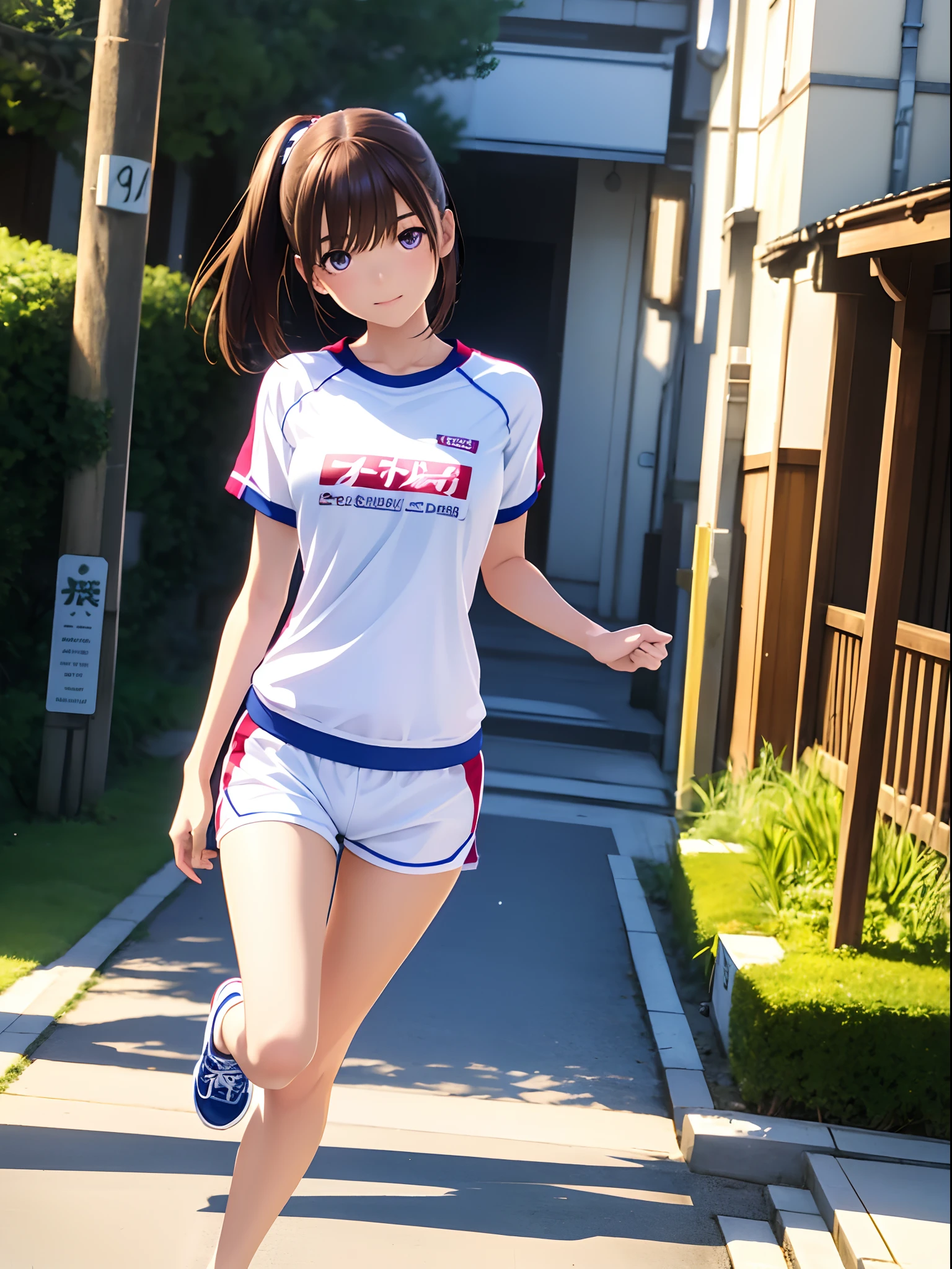 hight resolution,in 8K,Best Quality,detaileds,semi - realistic anime,Anime 3D Style,Smooth Anime CG,1 girl in,20 year old woman in Japan,slim,modeled,shiny chestnut hair,Medium Hair,Detailed face,Beautiful and detailed eyes,Glowing skin,Jogging,Running Wear,espadrilles,marason