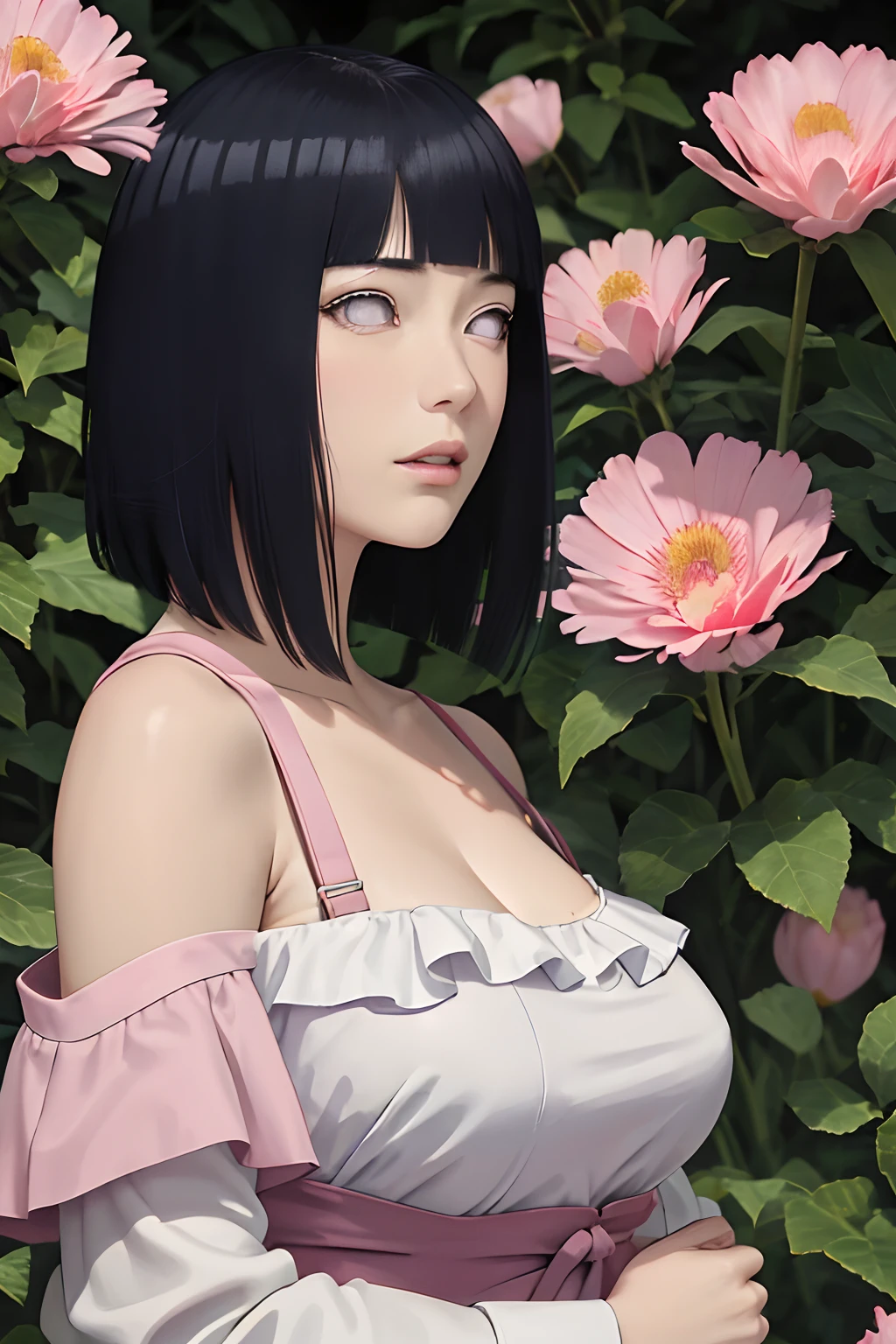 masterpiece, absurdres, hinata\(boruto\), 1girl, solo,mature female, off-shoulder strap bra, high waist short skirt, looking at viewer, (falling petals), perfect composition, detailed lips, big breast, beautiful face, body propotion, blush, (pink lips), long hair, purple eyes, soft gaze, super realistic, detailed, photoshoot, realistic face and body,