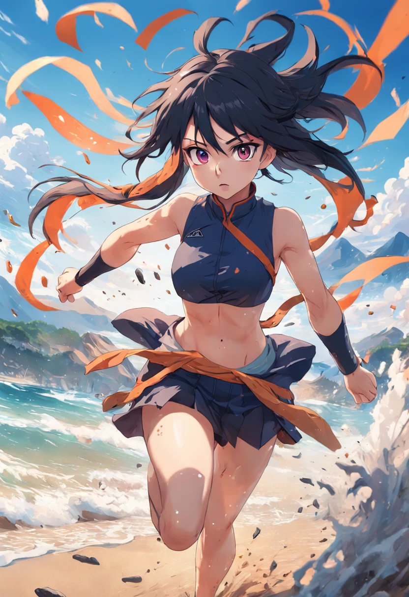 Anime characters running on a beach with a lot of debris, naruto art style, Anime wallpaper 4K, 4k anime wallpapers, 4K anime style, Badass anime 8 K, 4k anime wallpapers, detailed digital anime art, style of anime. 8K, Anime art wallpaper 4k, Anime art wallpaper 4k, stylized anime, Anime art wallpaper 8k(Huge breasts:1.4)