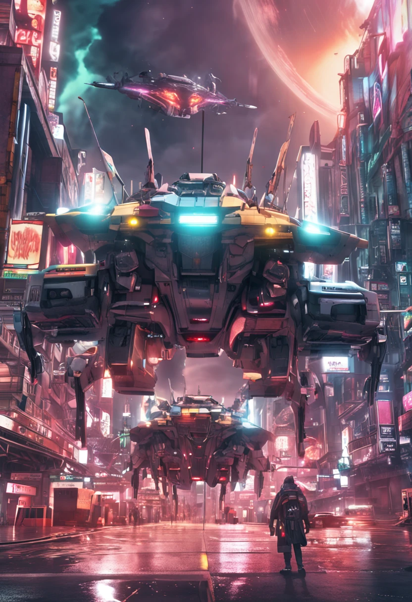 animesco　Olhando para cima　CCS-ClassBattleCruiser sobrevoando　Vast and epic Cyberpunk Tokyo　8k　ighly detalhado　qualidade superior