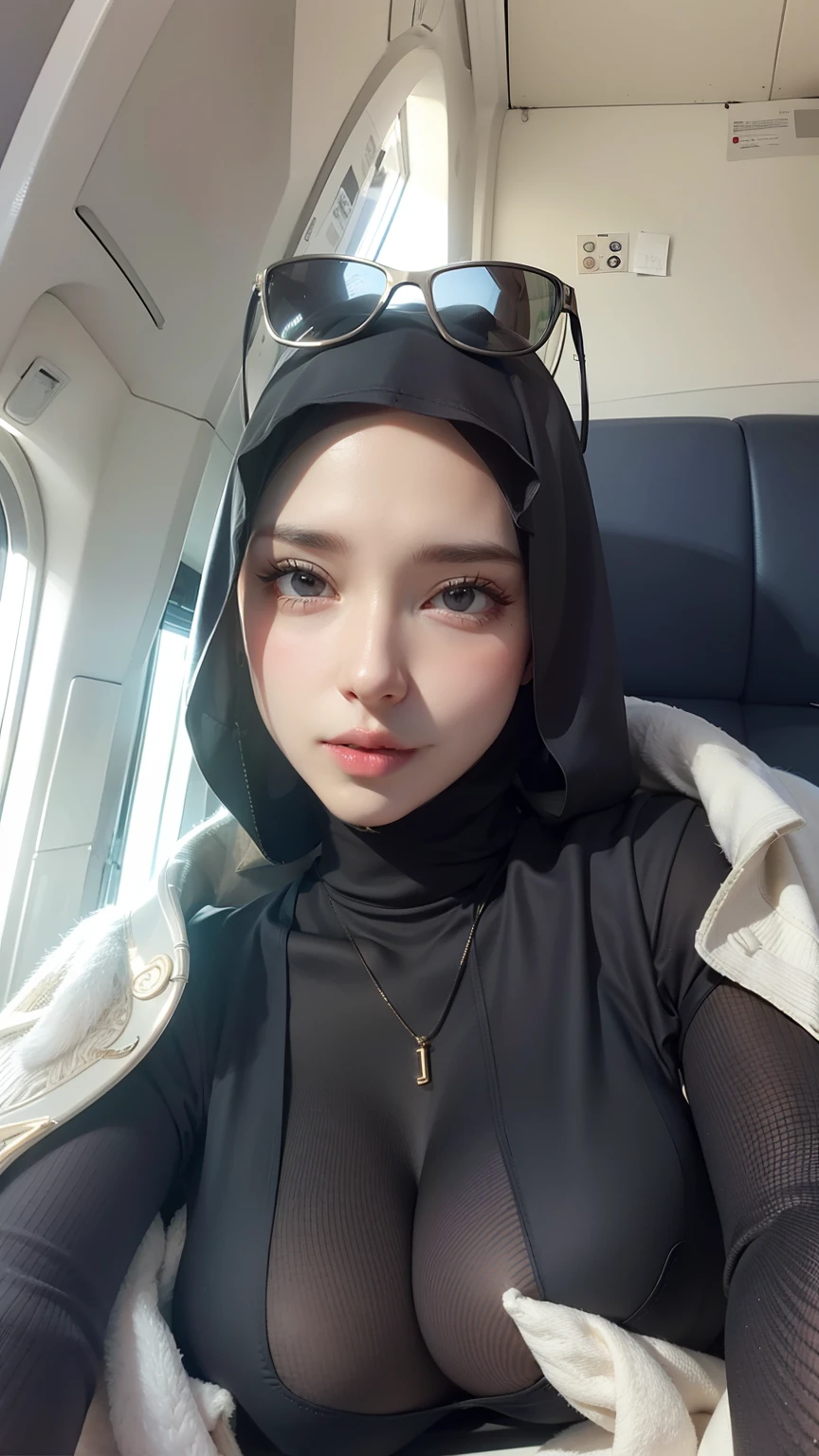 (Large C breast: 1.6), sexy breast, cleavage, (hijab), (open front clothes: 1.3), sexy bra, real skin, realistic skin, real breast, realistic breast, detailed skin features, detailed clothes features, body proportions, voluptious body, real face, detailed facial features, beautiful eyes, grey eyes, detailed eyes, parted lips, gloss on lips, detailed face and breast, best quality, masterpiece, 8k, ultra-detailed,