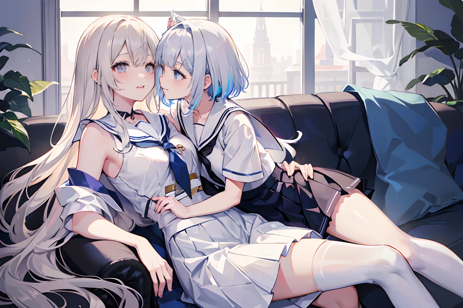 Two Girls, One has blue hair、The other one is in a uniform with white hair. Short sleeve nude Big Breasts Footjob